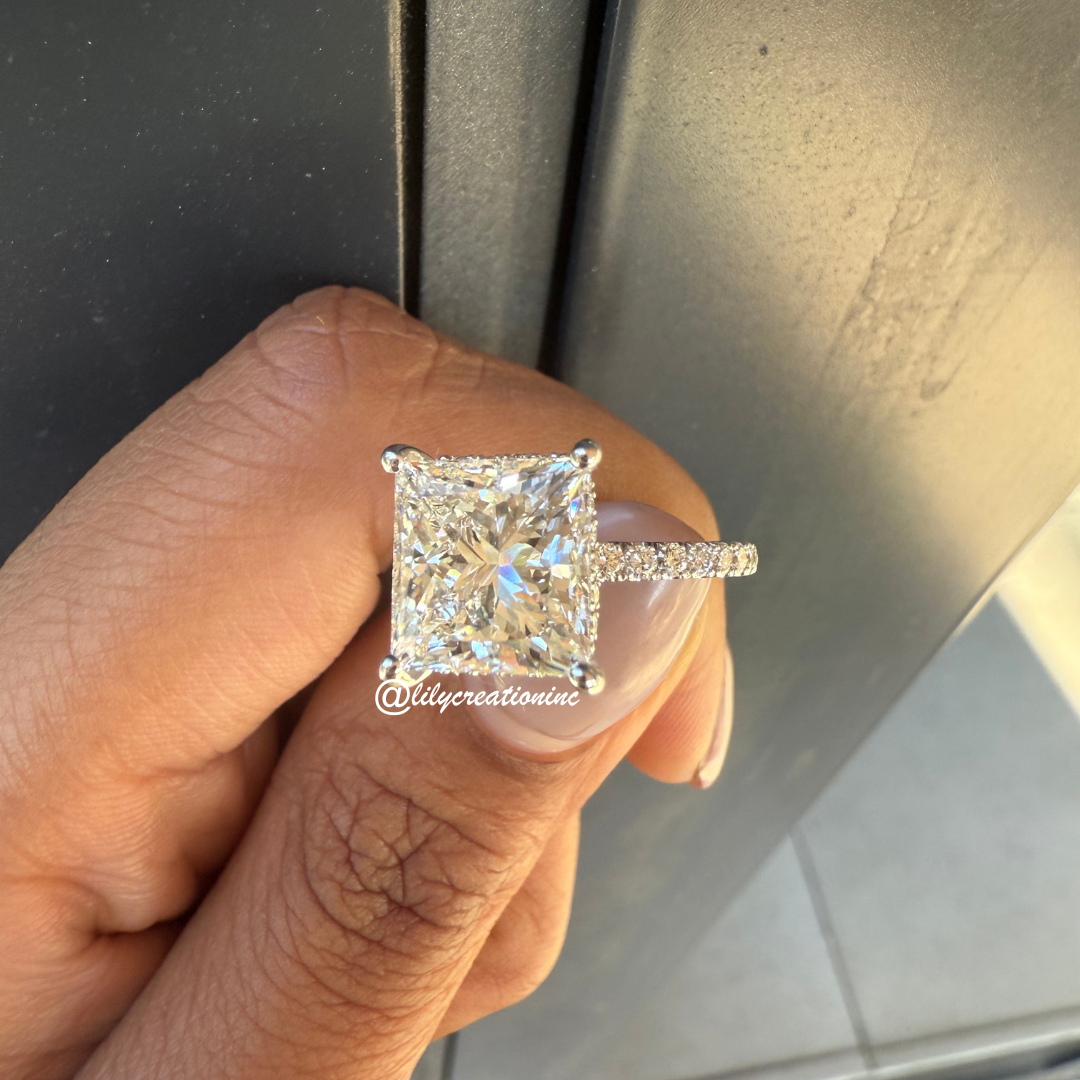 Princess Cut Diamond Engagement Ring With 1/2 Coverage Side Stones & Hidden Halo