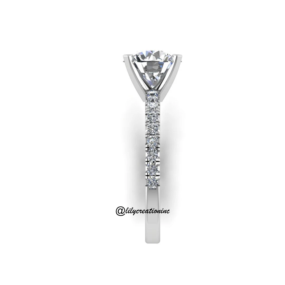 Round Lab Grown Diamond Engagement Ring with 1/2 Coverage Side Stones