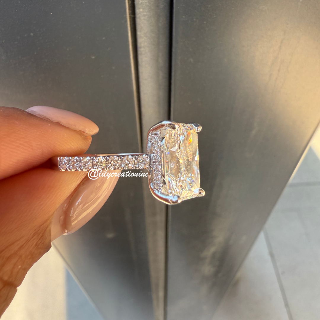 Radiant Cut Diamond Engagement Ring With 1/2 Coverage Side Stones & Hidden Halo