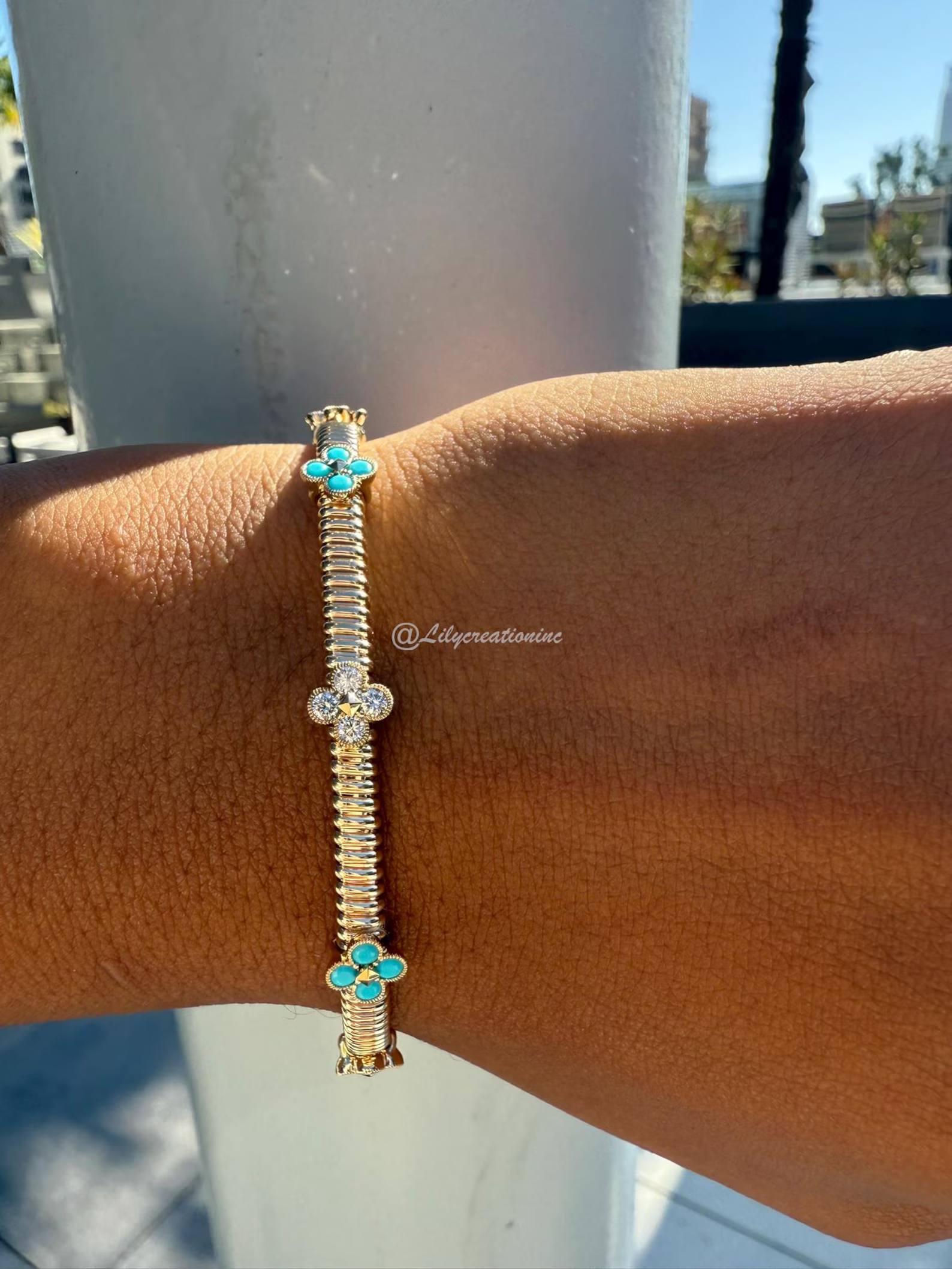 1 Carat Lab Grown Diamond & Turquoise Flower Flexible Bangle Bracelet – Floral Station Gold Bracelet
