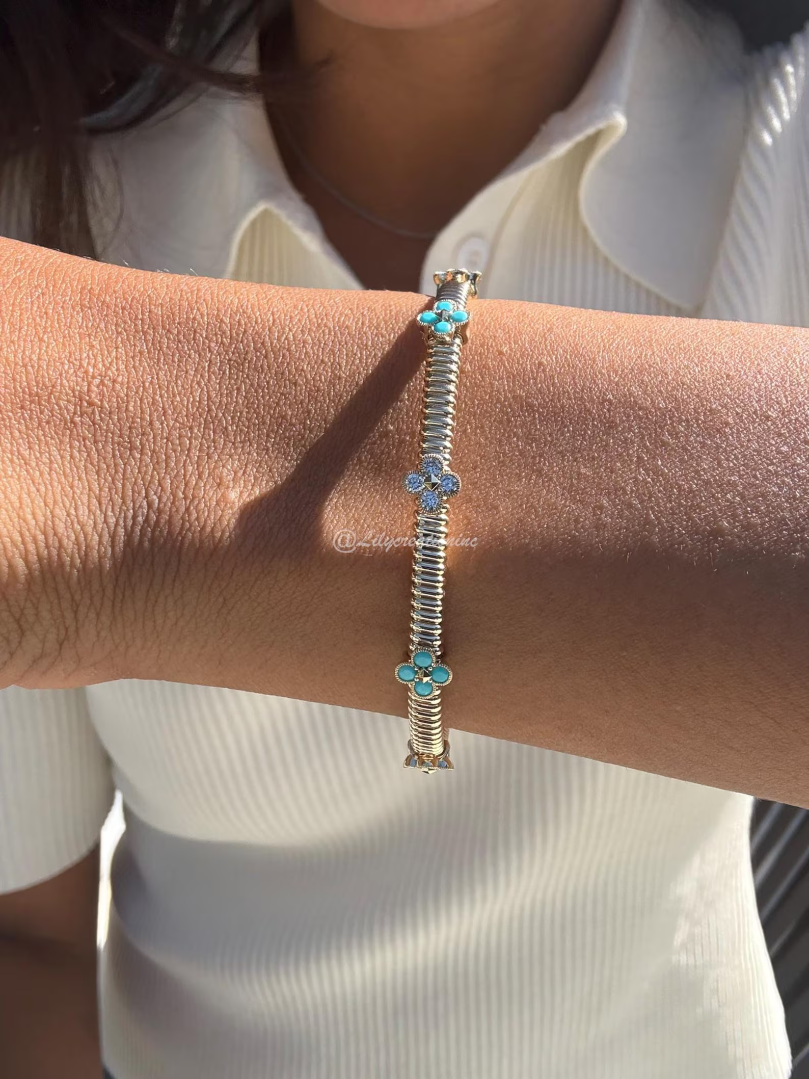 1 Carat Lab Grown Diamond & Turquoise Flower Flexible Bangle Bracelet – Floral Station Gold Bracelet