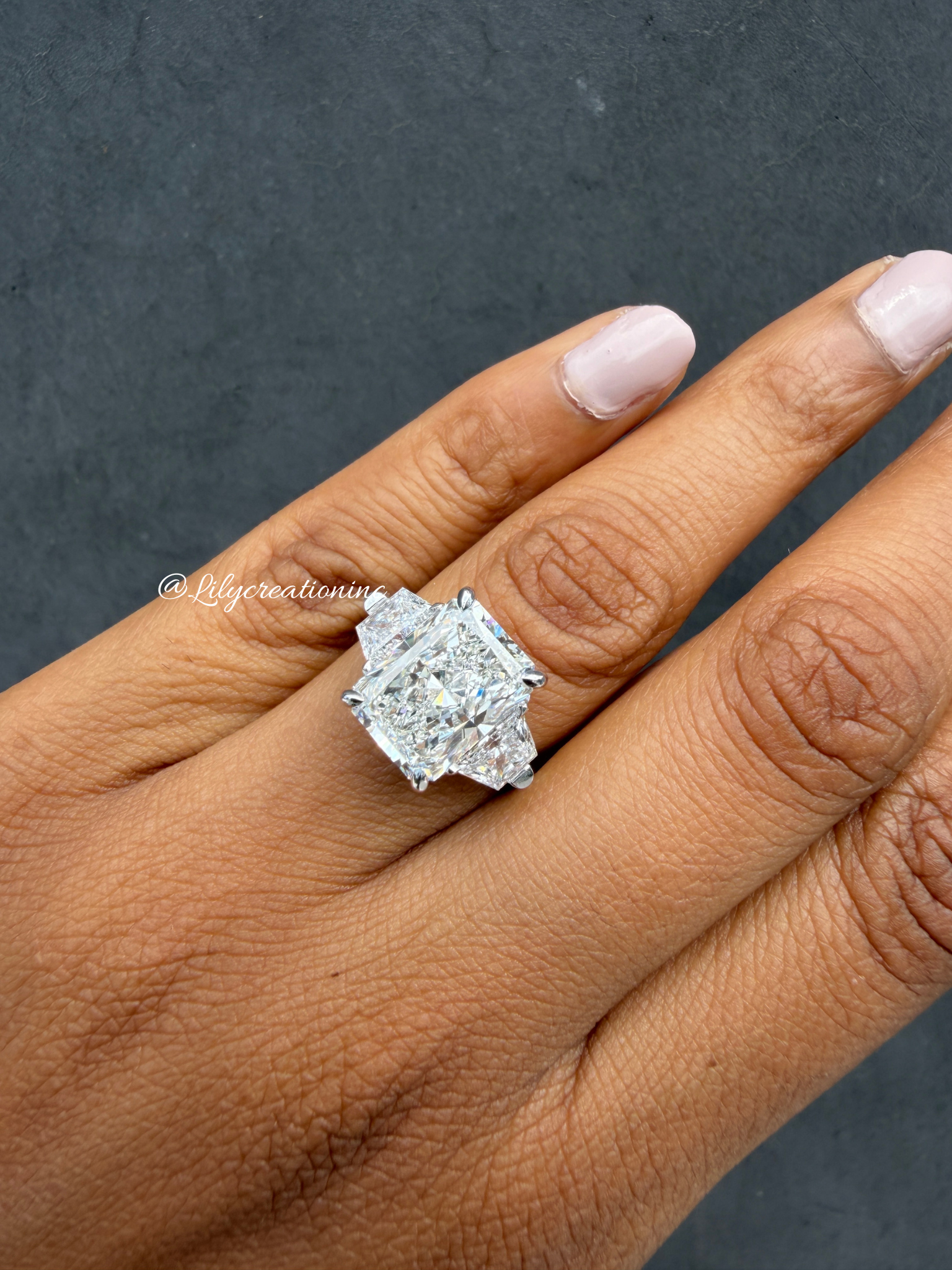Radiant Cut Lab Grown Diamond Engagement Ring with Trapezoid Side Stones