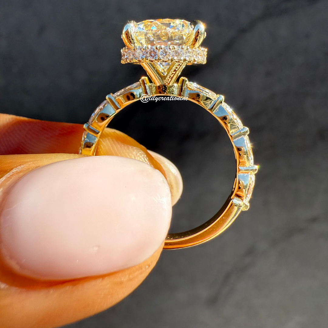 Round Solitaire Diamond Engagement Ring With Marquee Side Stones & Hidden Halo