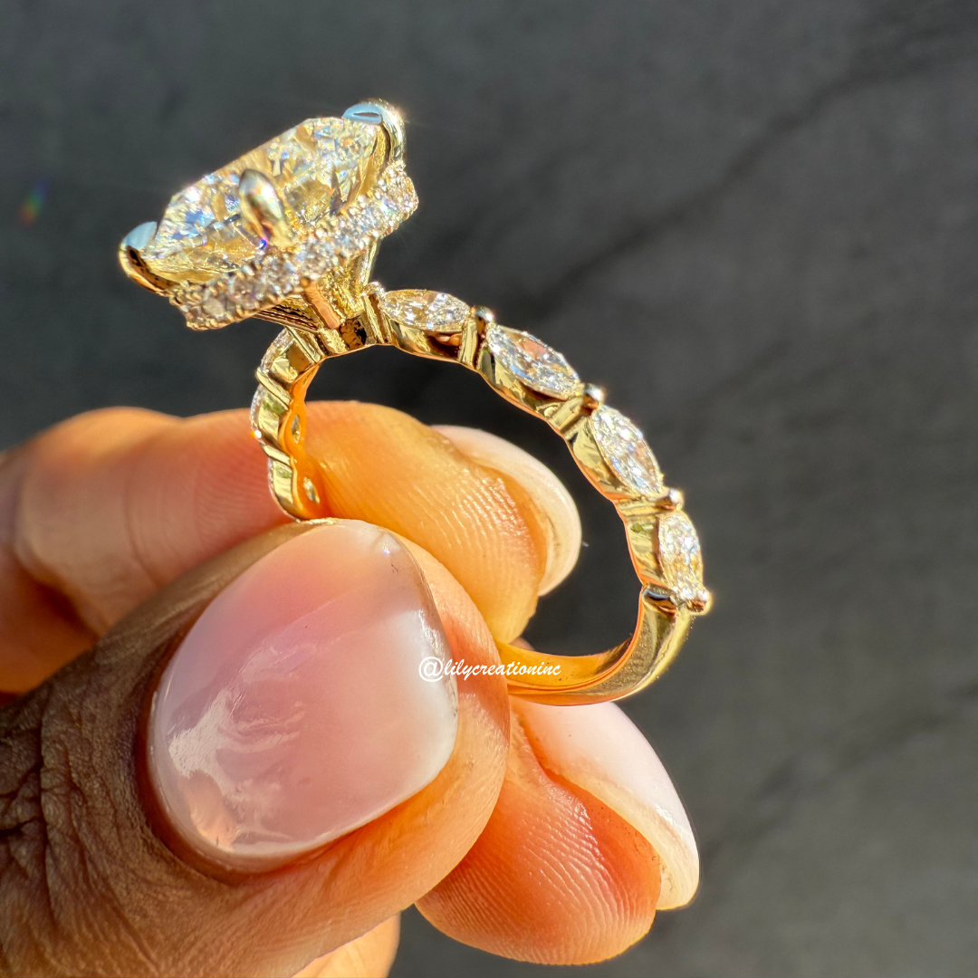 Round Solitaire Diamond Engagement Ring With Marquee Side Stones & Hidden Halo