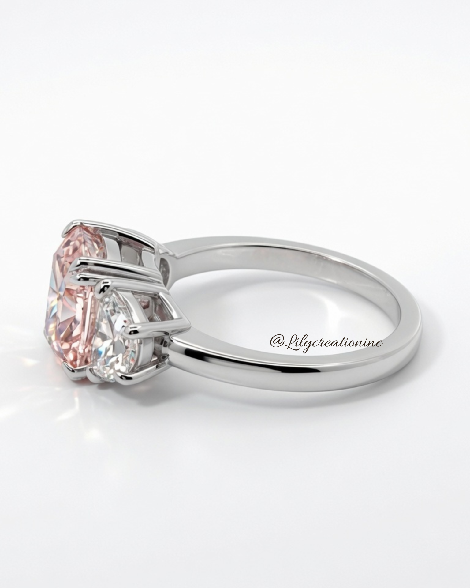 4 Carat Pink Cushion Cut with Half Moon Side Stones Lab Grown Diamond Engagement Ring