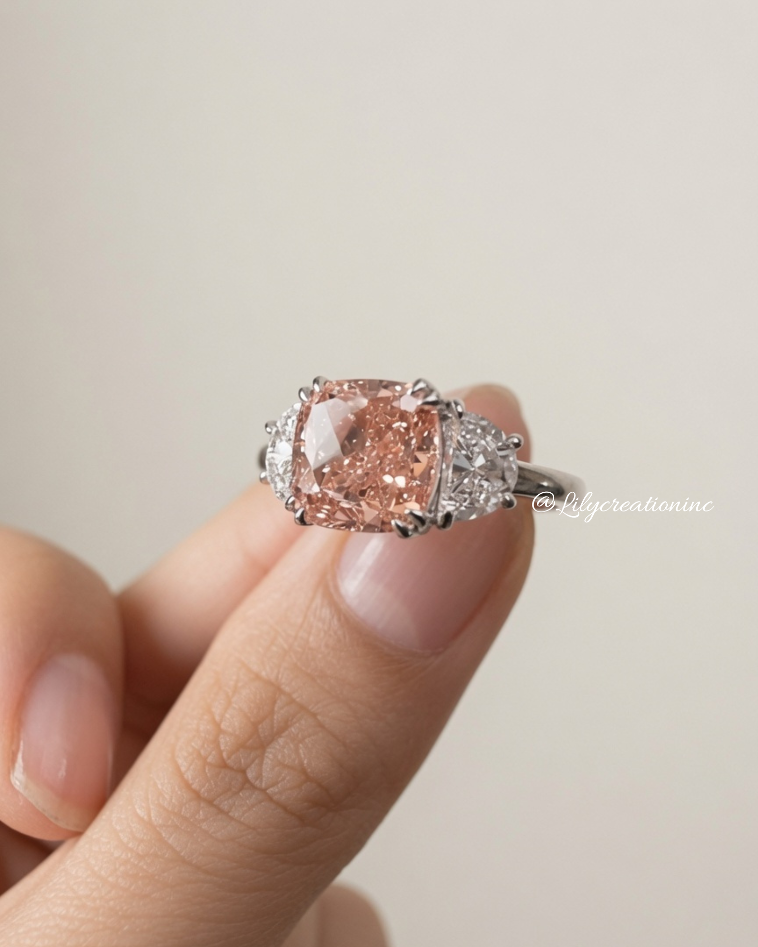 4 Carat Pink Cushion Cut with Half Moon Side Stones Lab Grown Diamond Engagement Ring