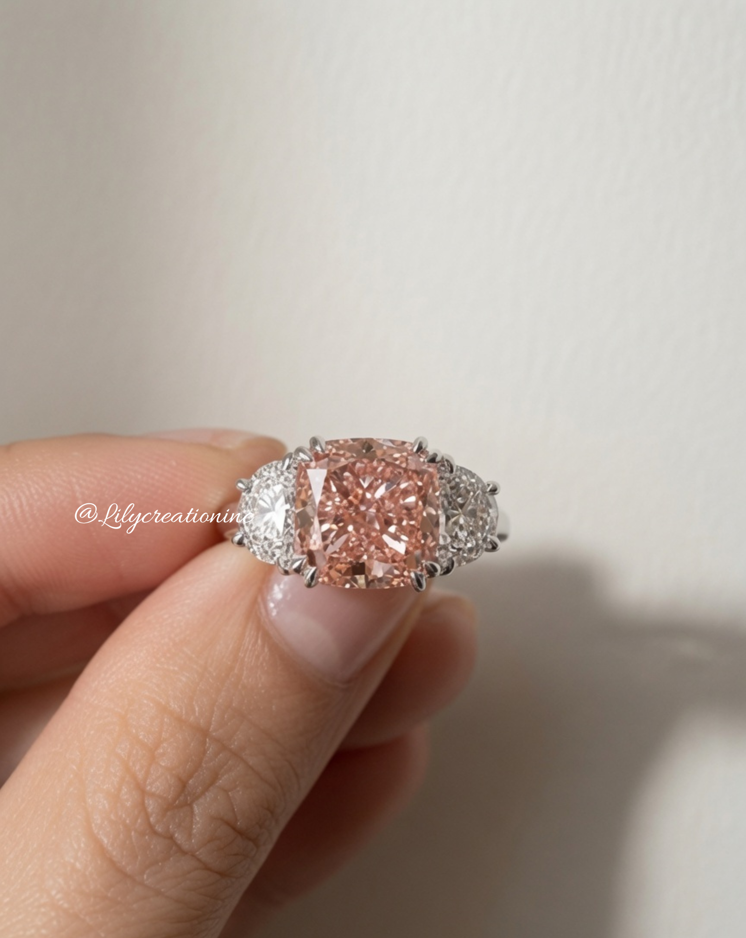 4 Carat Pink Cushion Cut with Half Moon Side Stones Lab Grown Diamond Engagement Ring