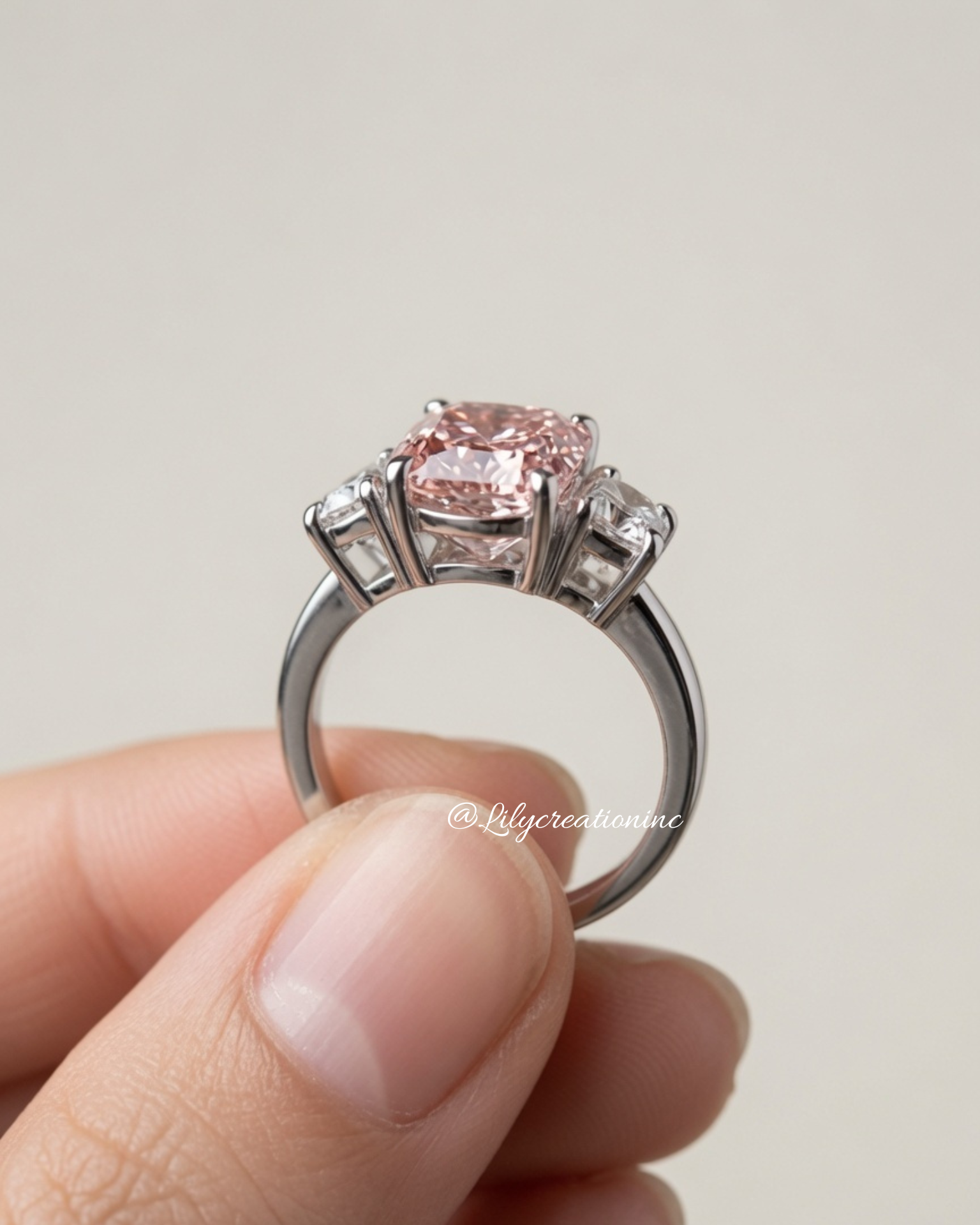 4 Carat Pink Cushion Cut with Half Moon Side Stones Lab Grown Diamond Engagement Ring