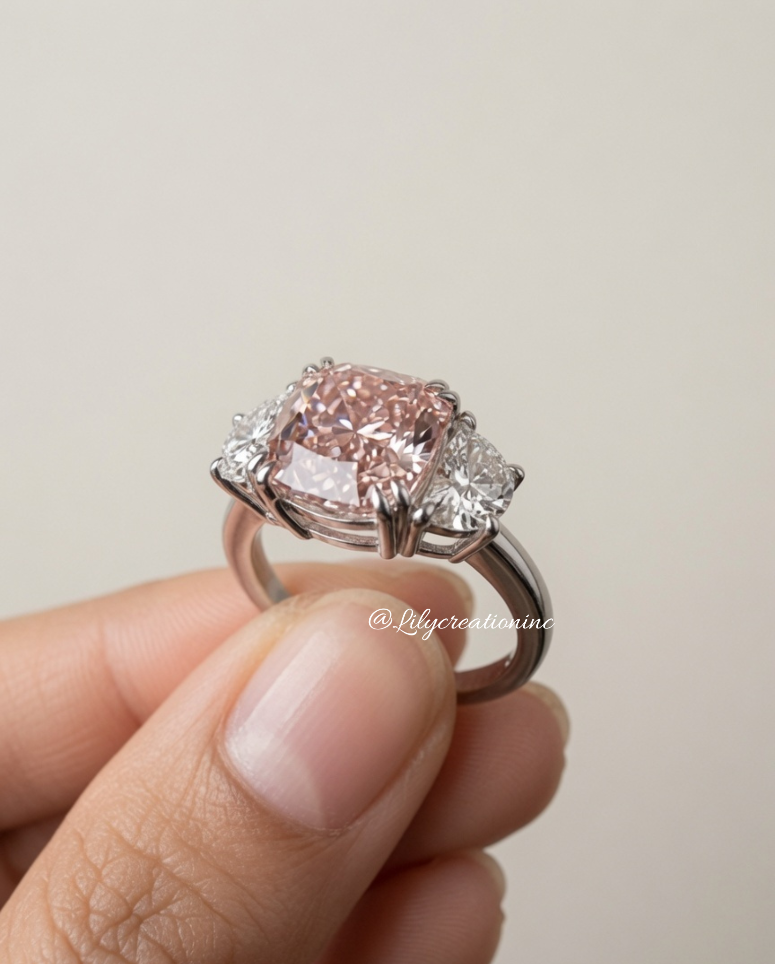 4 Carat Pink Cushion Cut with Half Moon Side Stones Lab Grown Diamond Engagement Ring