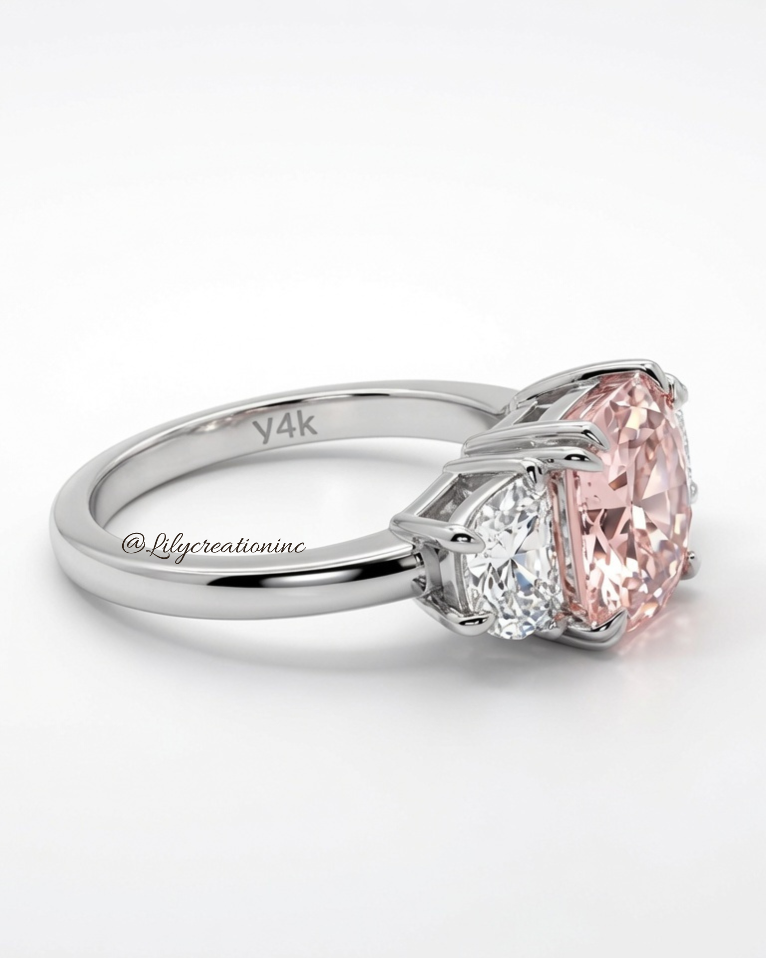 4 Carat Pink Cushion Cut with Half Moon Side Stones Lab Grown Diamond Engagement Ring
