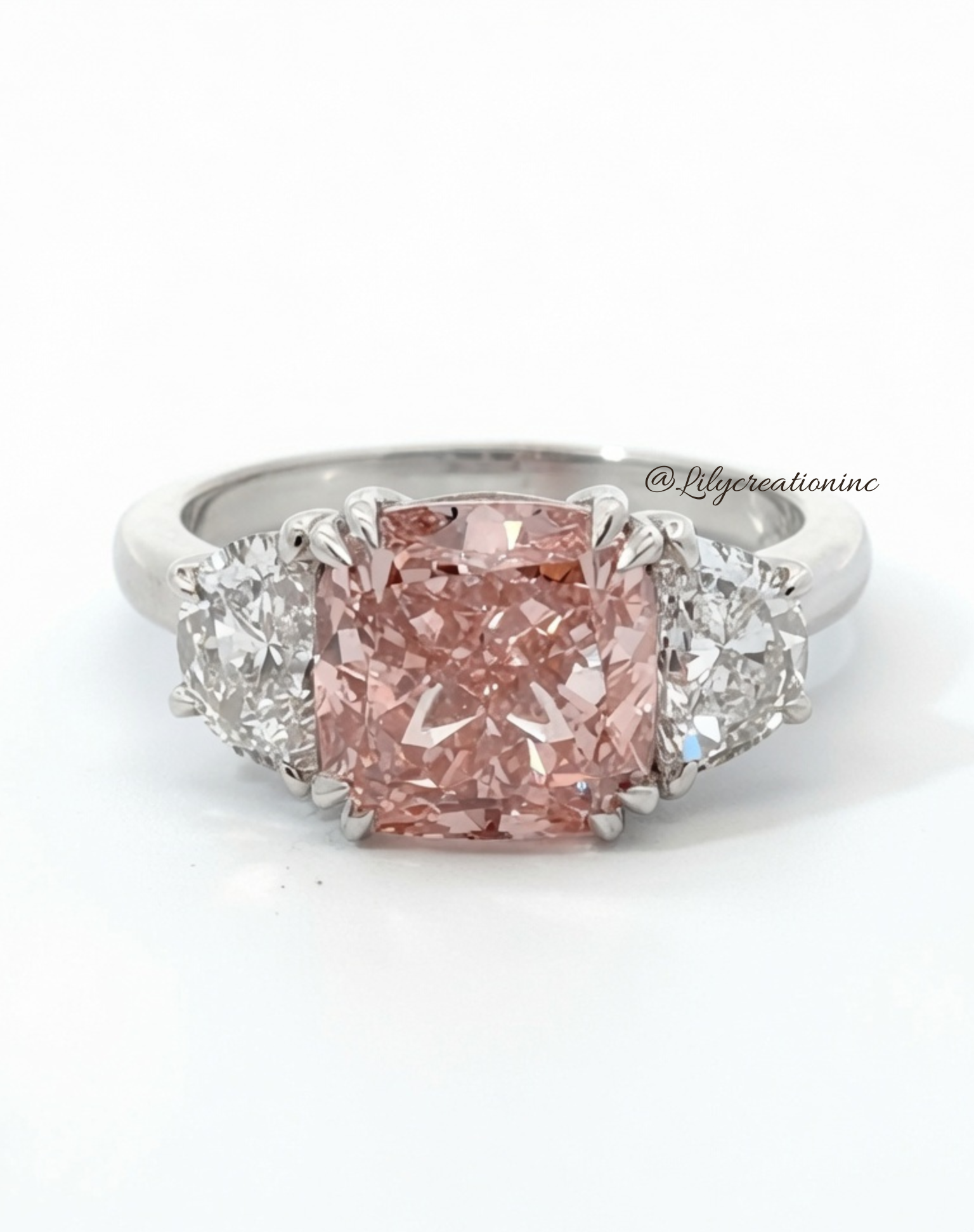 4 Carat Pink Cushion Cut with Half Moon Side Stones Lab Grown Diamond Engagement Ring