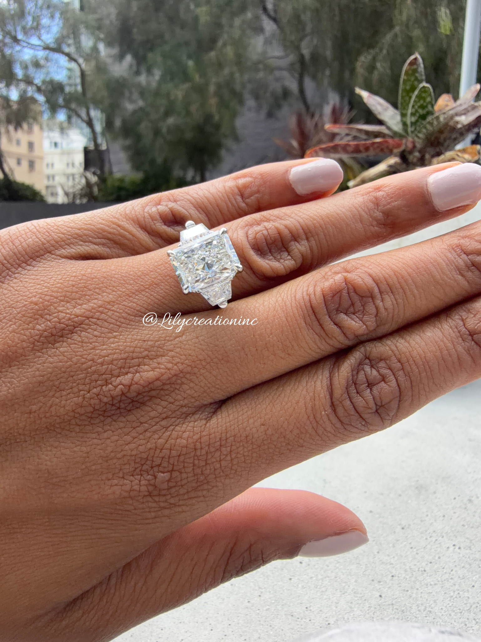 Radiant Cut Lab Grown Diamond Engagement Ring with Trapezoid Side Stones