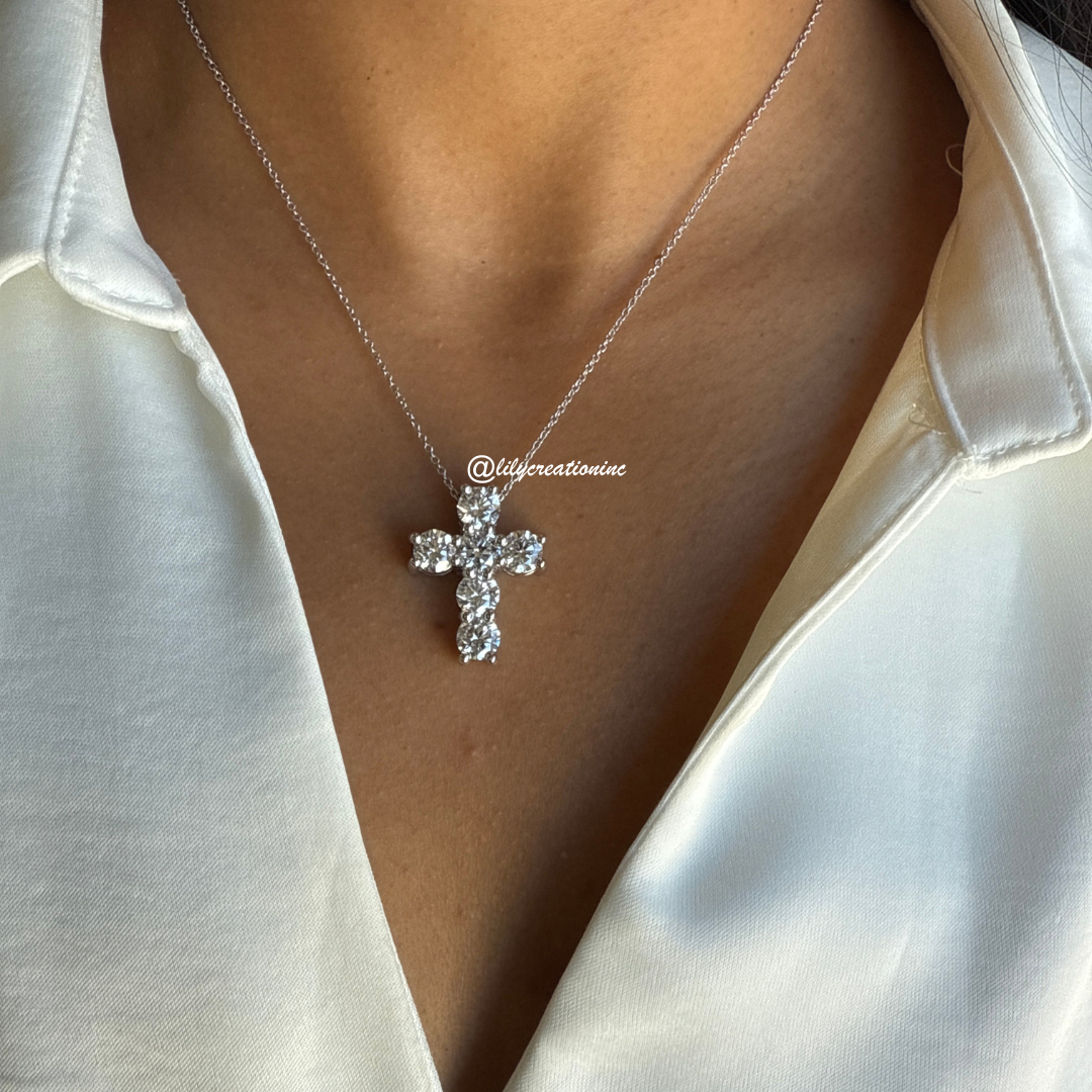 6 Stone Round Lab Grown Diamond Cross Pendant