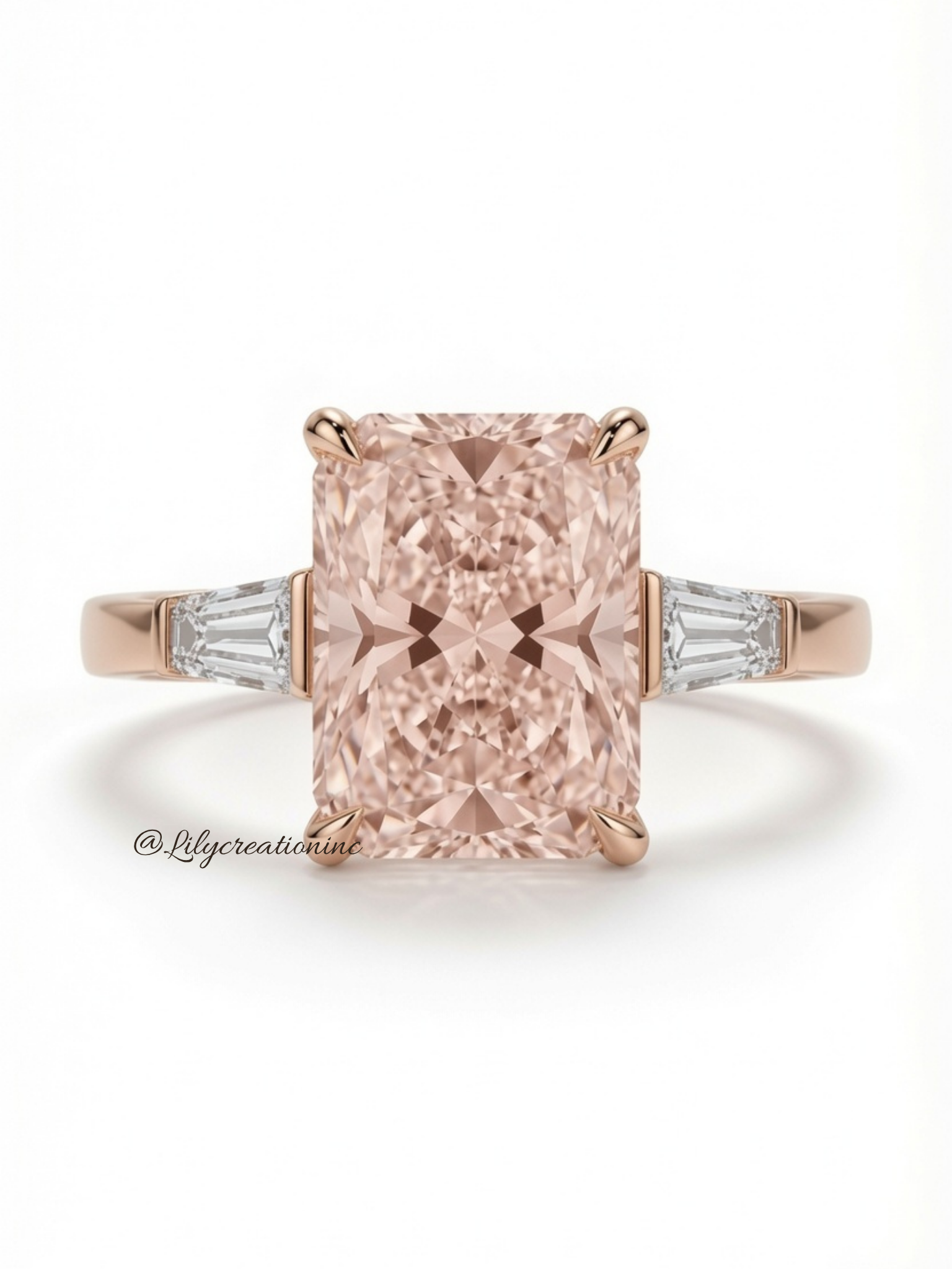 Pink Radiant Cut Diamond Engagement Ring with Trapezoid Side Stones
