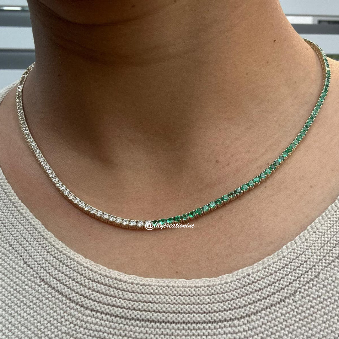 7 Carat Round Lab Grown Diamond & Emerald Tennis Necklace