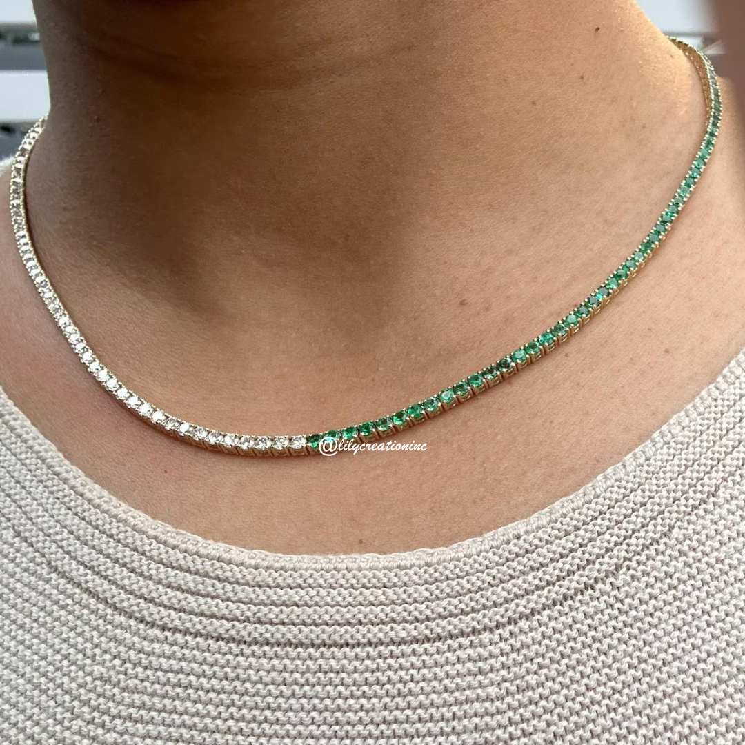 7 Carat Round Lab Grown Diamond & Emerald Tennis Necklace