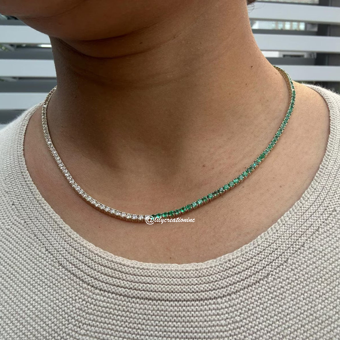 7 Carat Round Lab Grown Diamond & Emerald Tennis Necklace