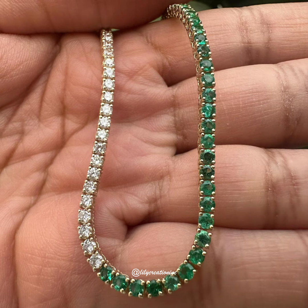 7 Carat Round Lab Grown Diamond & Emerald Tennis Necklace