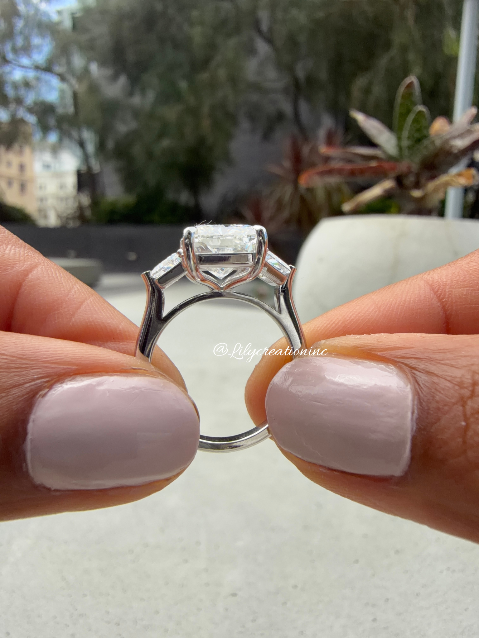 Radiant Cut Lab Grown Diamond Engagement Ring with Trapezoid Side Stones