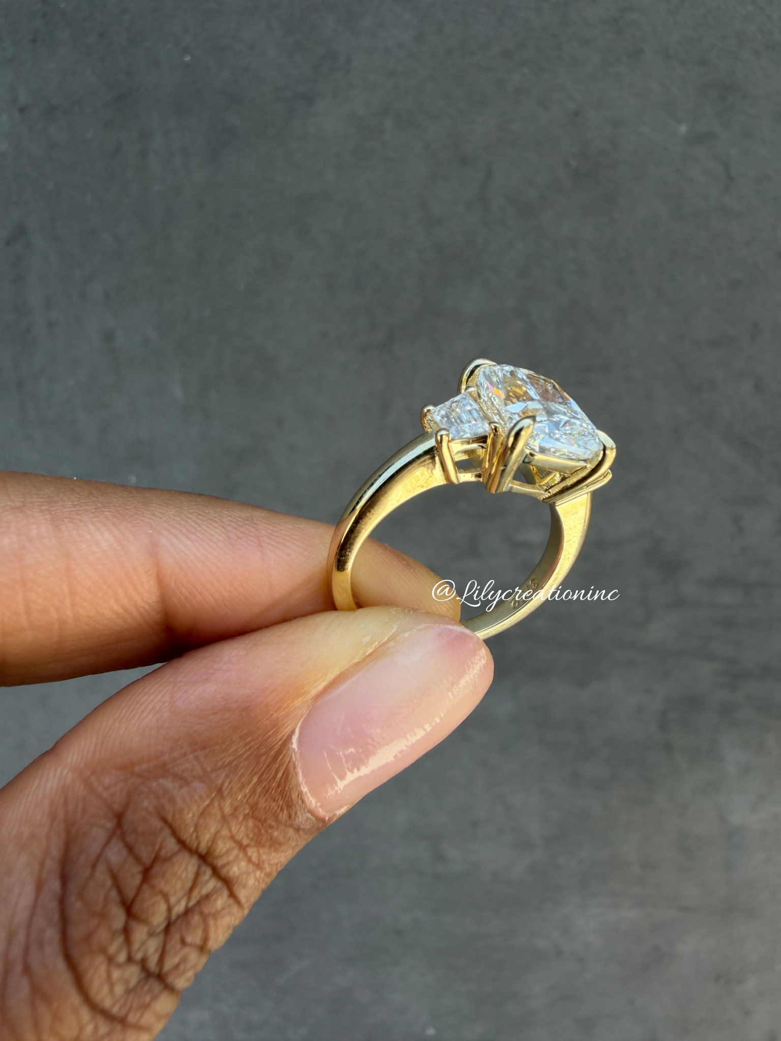 Cushion Cut Lab Grown Diamond Engagement Ring with Trapezoid Side Stones