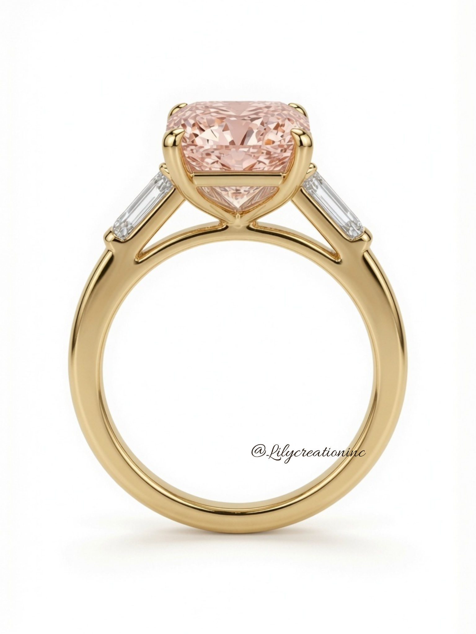Pink Radiant Cut Diamond Engagement Ring with Trapezoid Side Stones