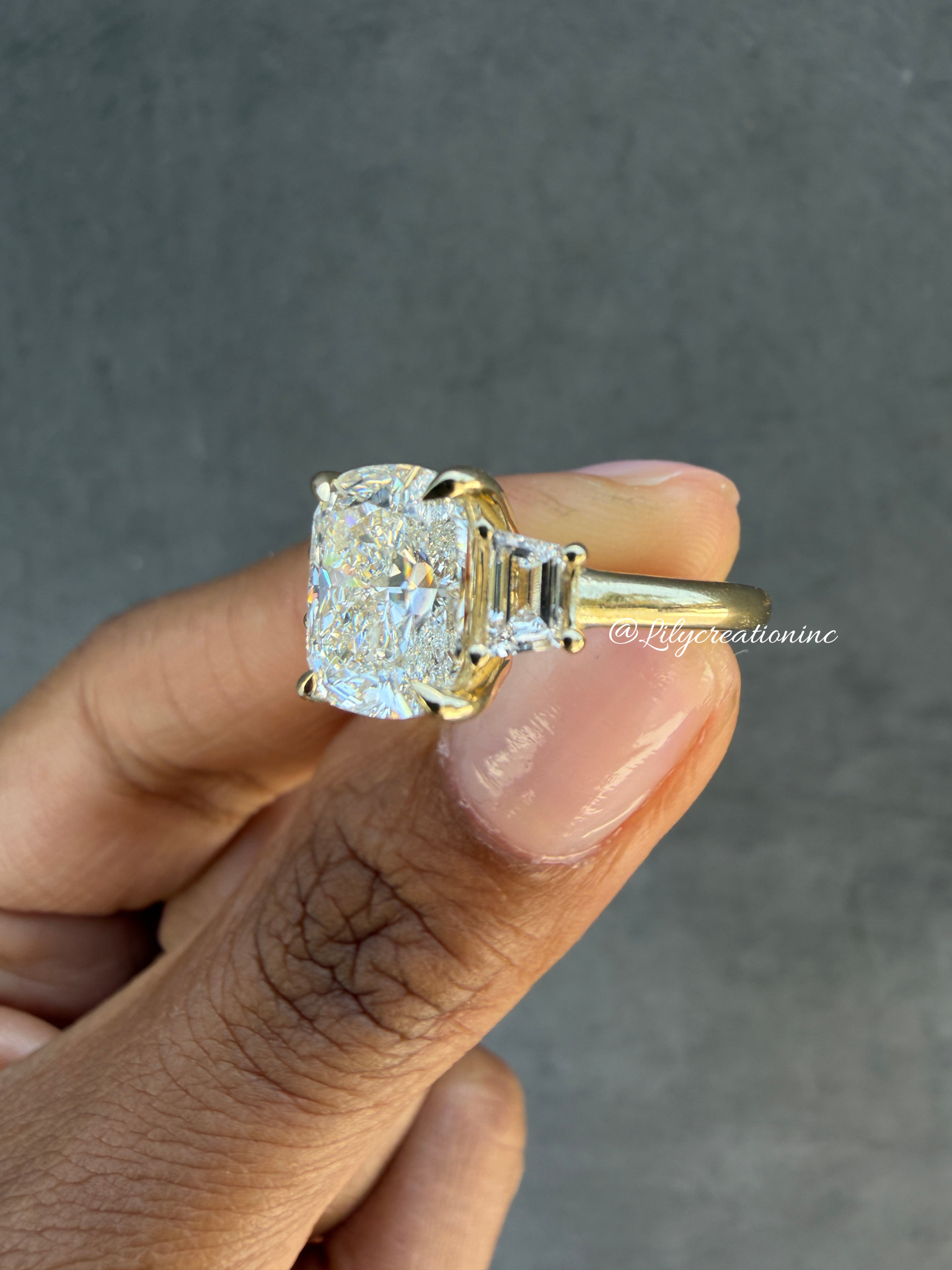 Cushion Cut Lab Grown Diamond Engagement Ring with Trapezoid Side Stones