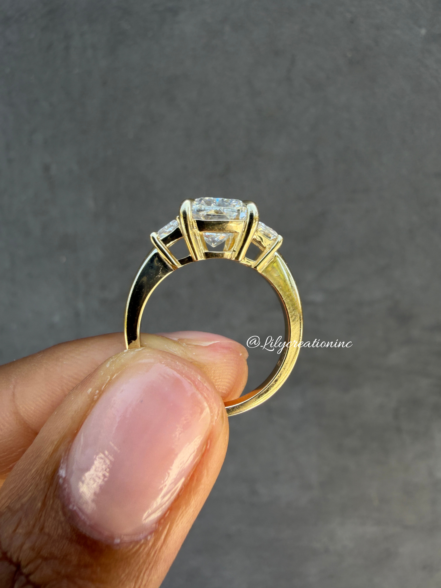 Cushion Cut Lab Grown Diamond Engagement Ring with Trapezoid Side Stones