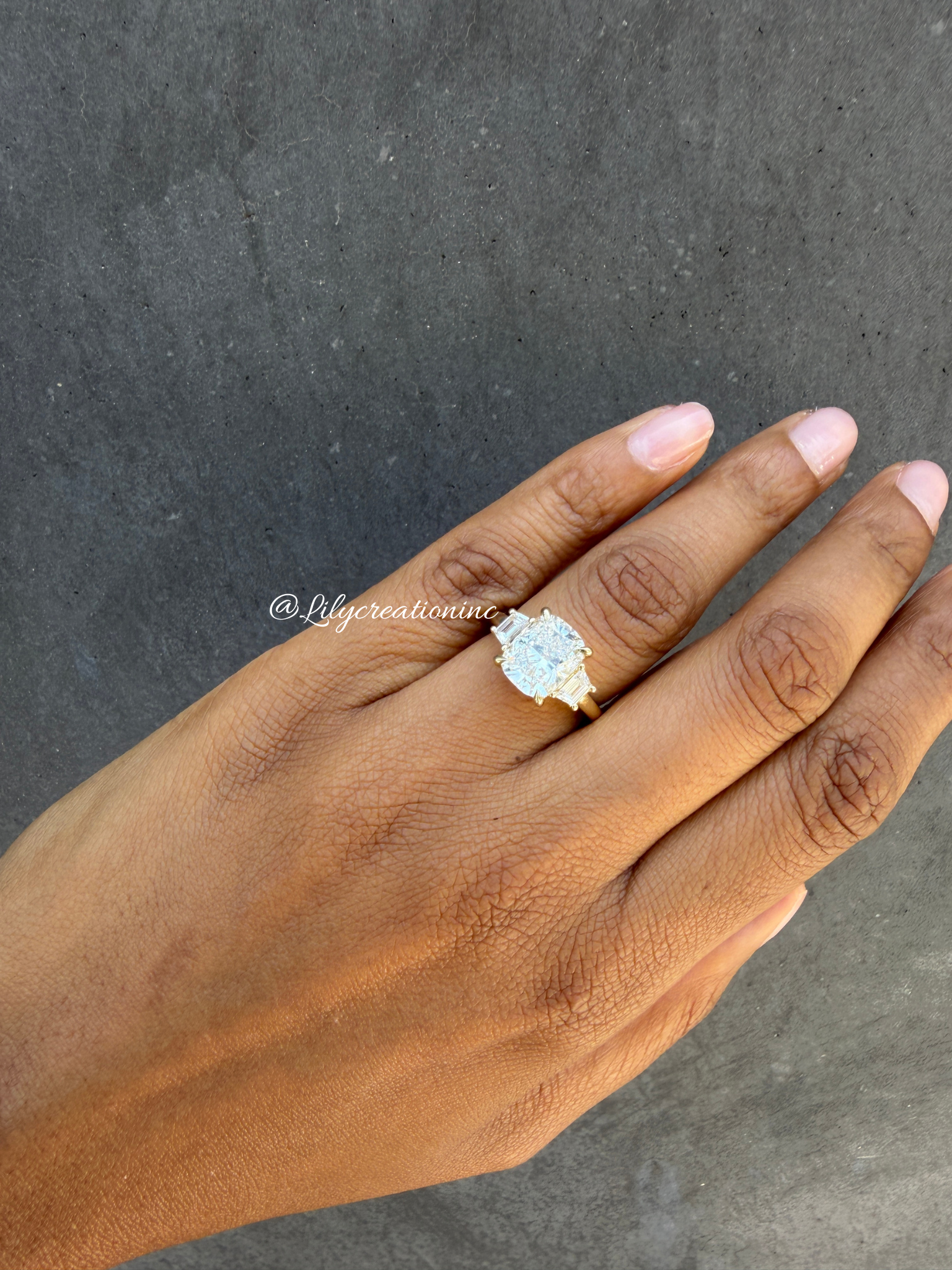Cushion Cut Lab Grown Diamond Engagement Ring with Trapezoid Side Stones