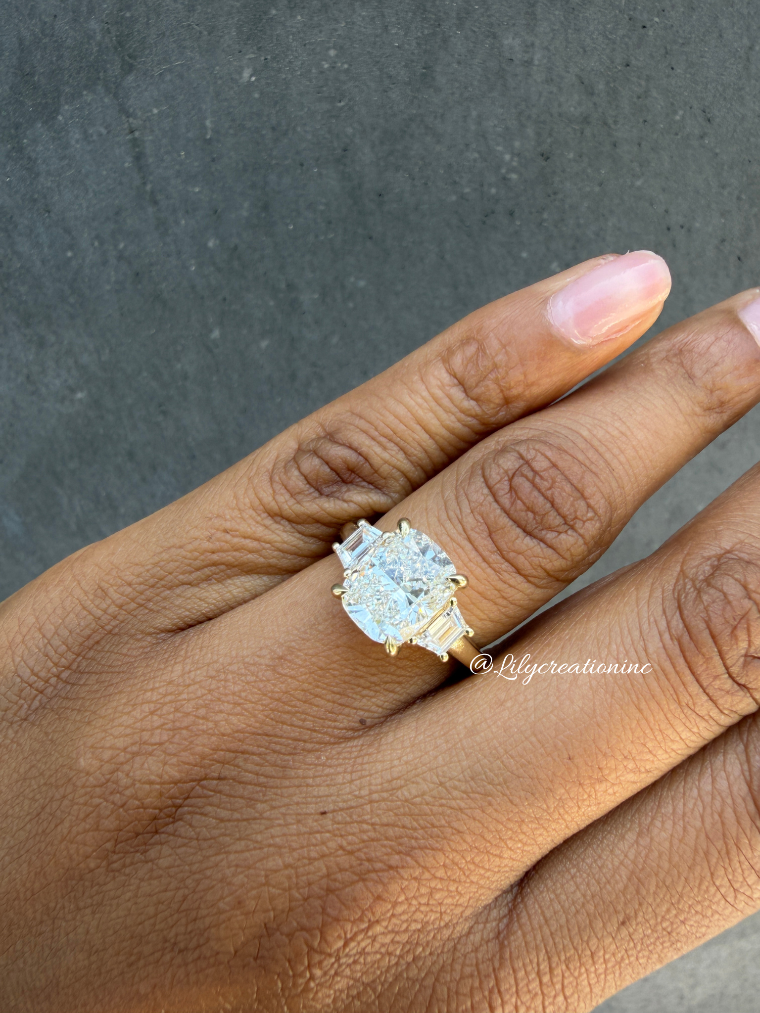 Cushion Cut Lab Grown Diamond Engagement Ring with Trapezoid Side Stones