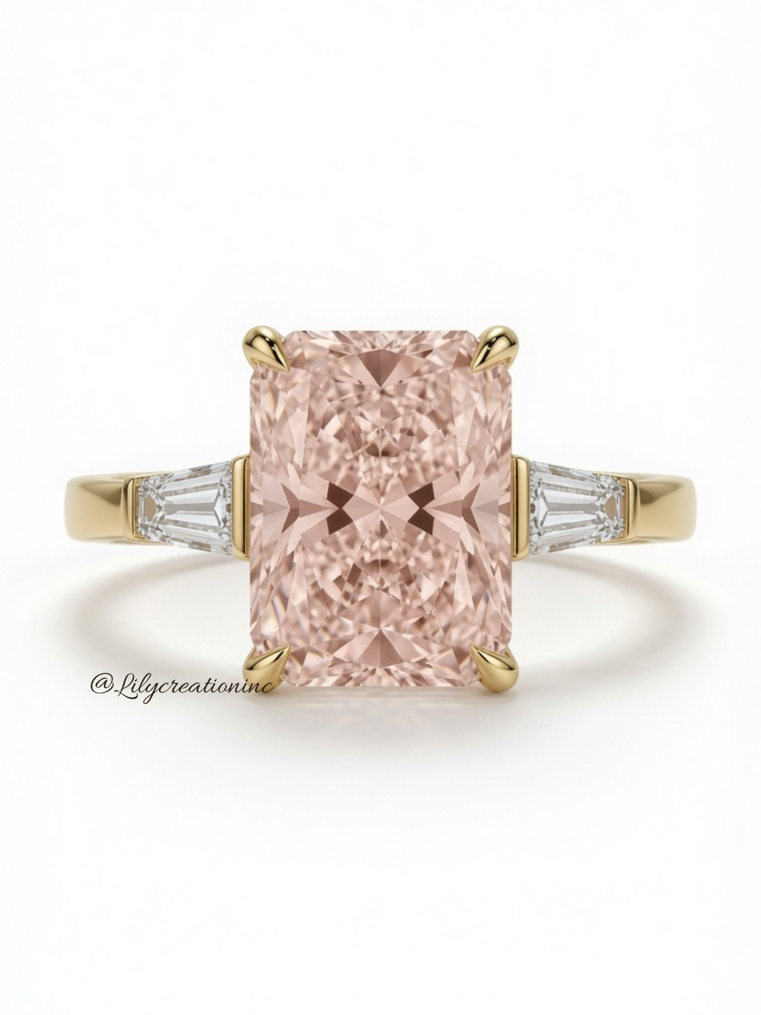Pink Radiant Cut Diamond Engagement Ring with Trapezoid Side Stones