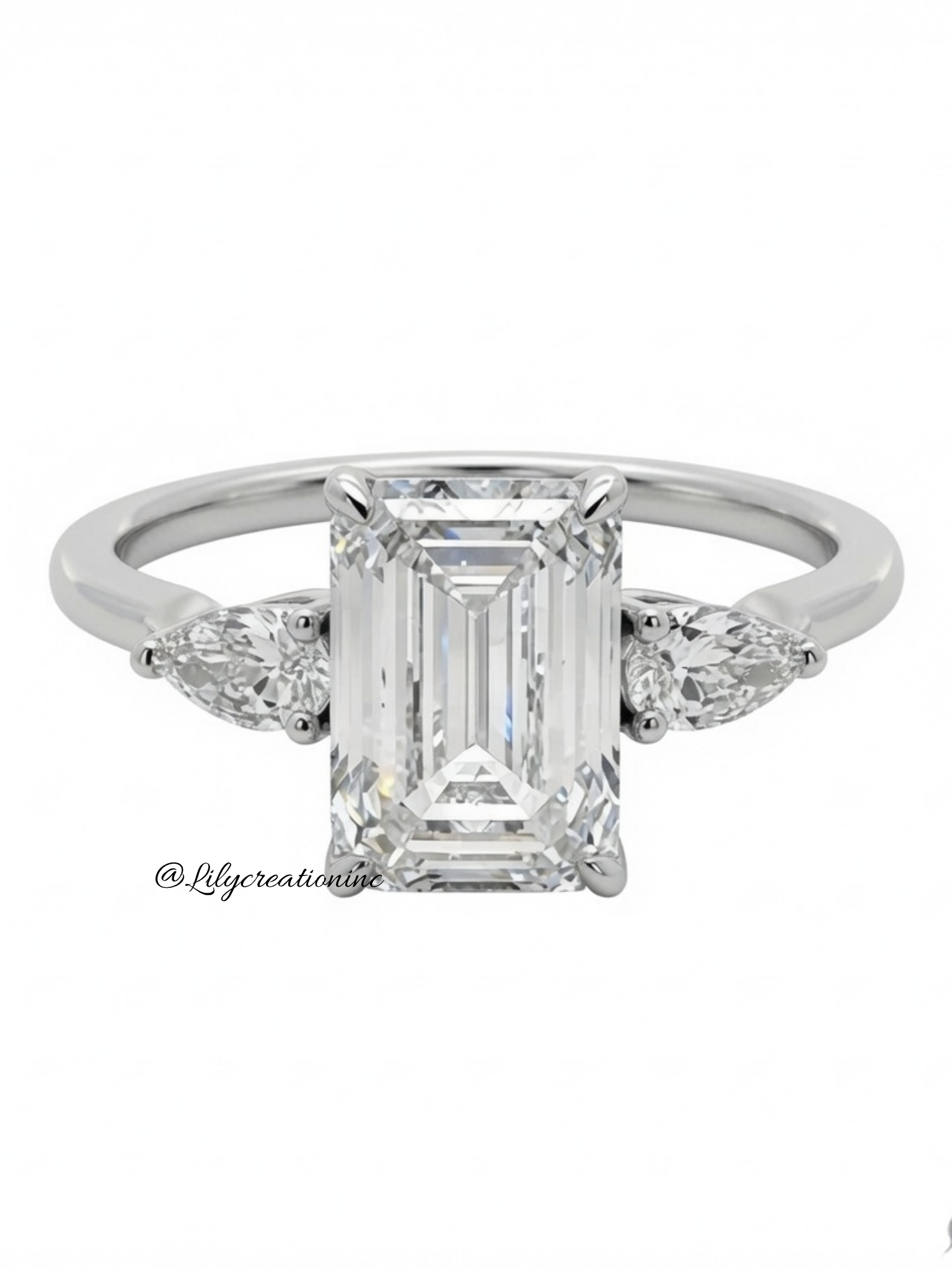 Emerald Cut Lab Grown Diamond Engagement Ring with Pear Side Stones