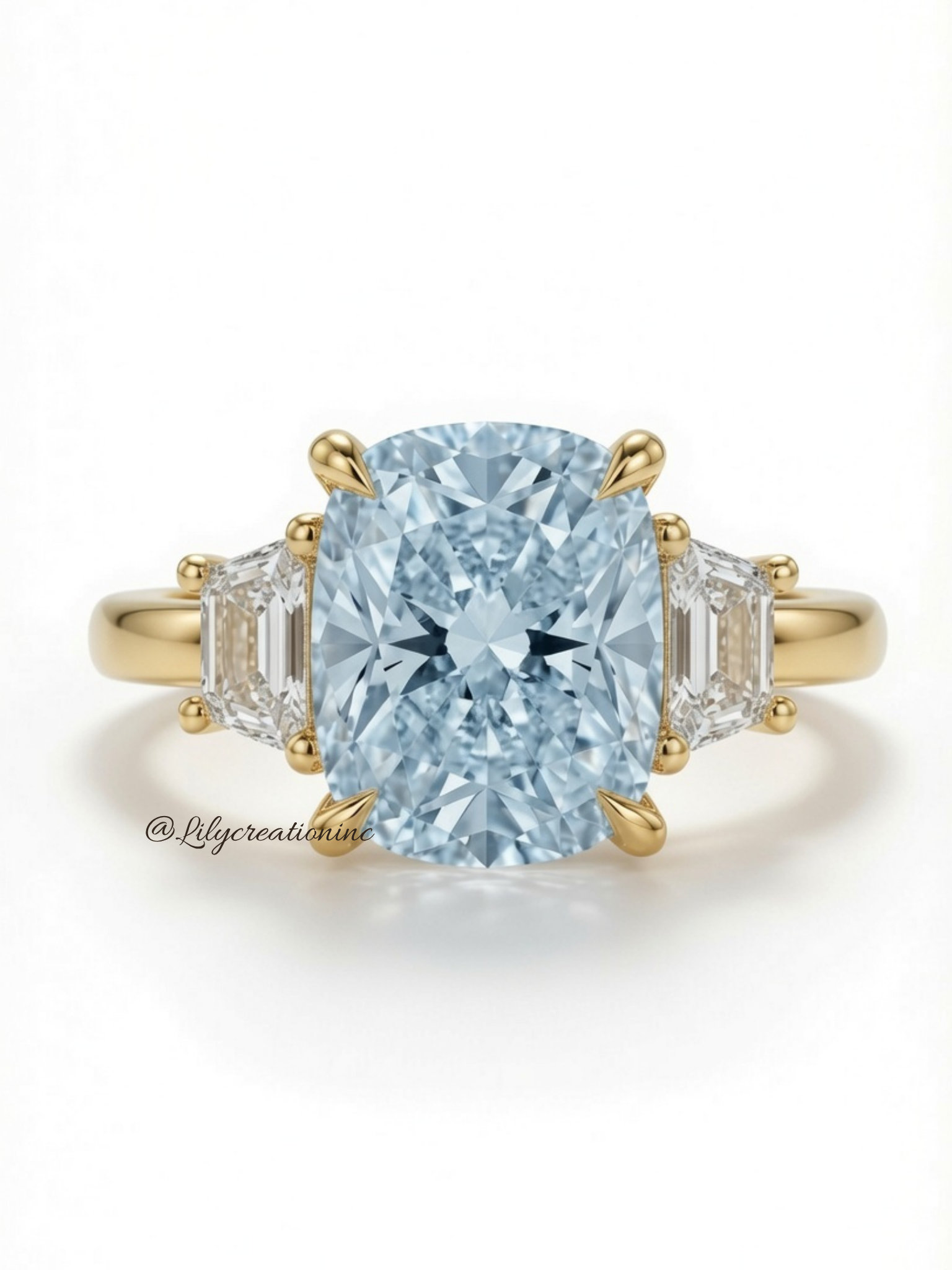Blue Cushion Cut Diamond Engagement Ring with Trapezoid Side Stones