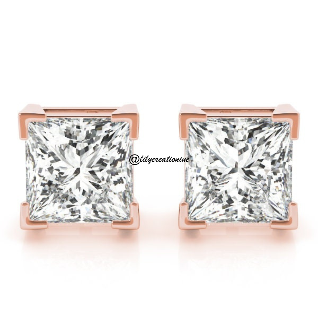 2 Carat Princess Cut Lab Grown Diamond Stud Earrings