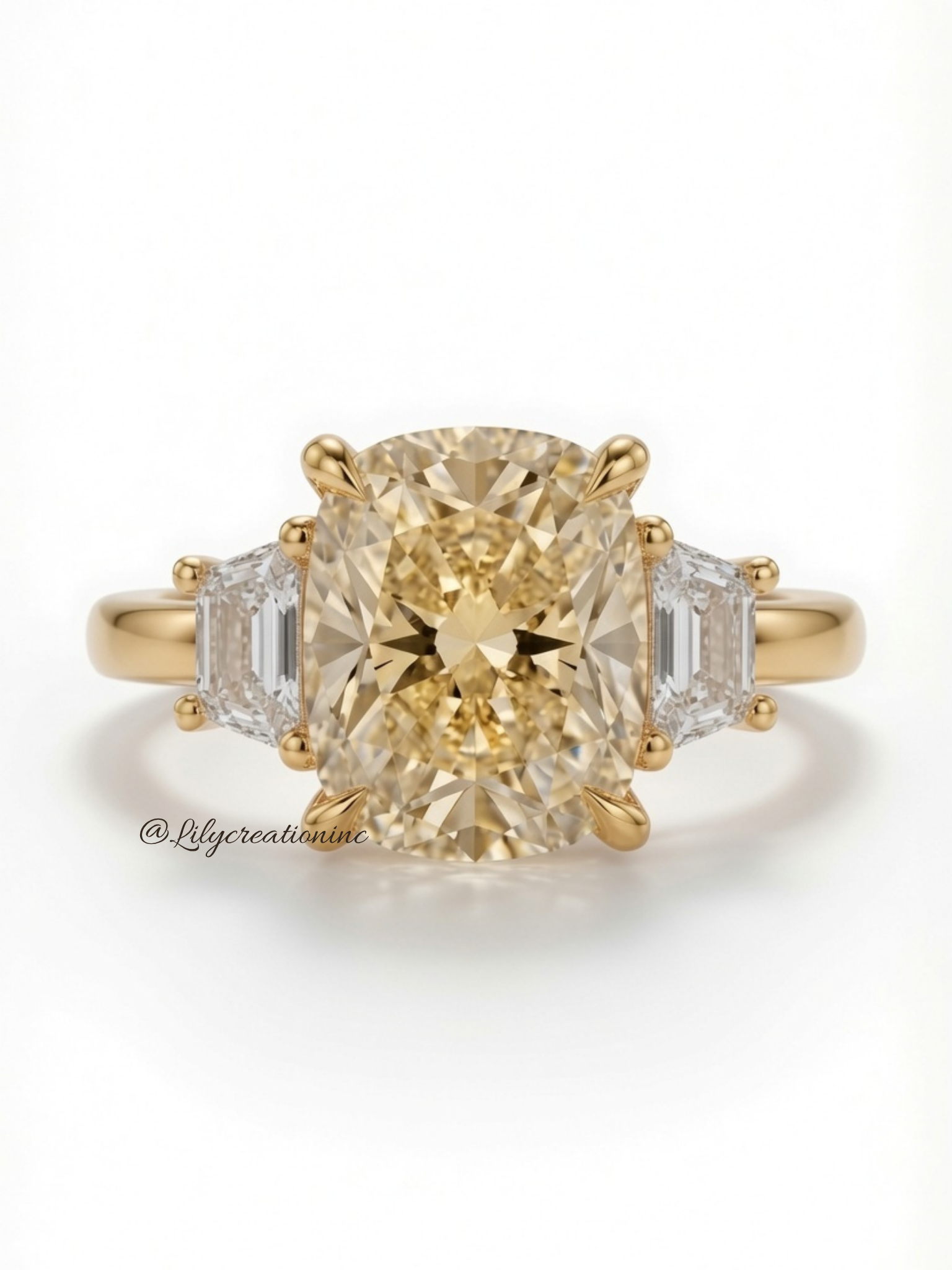 Yellow Cushion Cut Diamond Engagement Ring with Trapezoid Side Stones