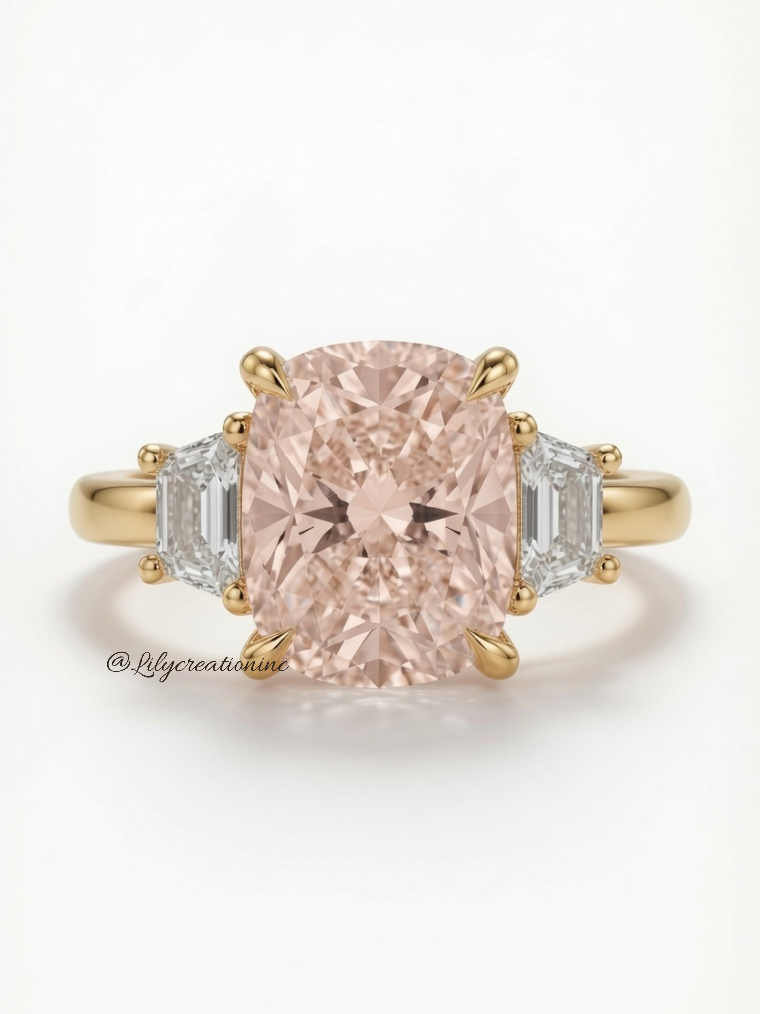 Pink Cushion Cut Diamond Engagement Ring with Trapezoid Side Stones