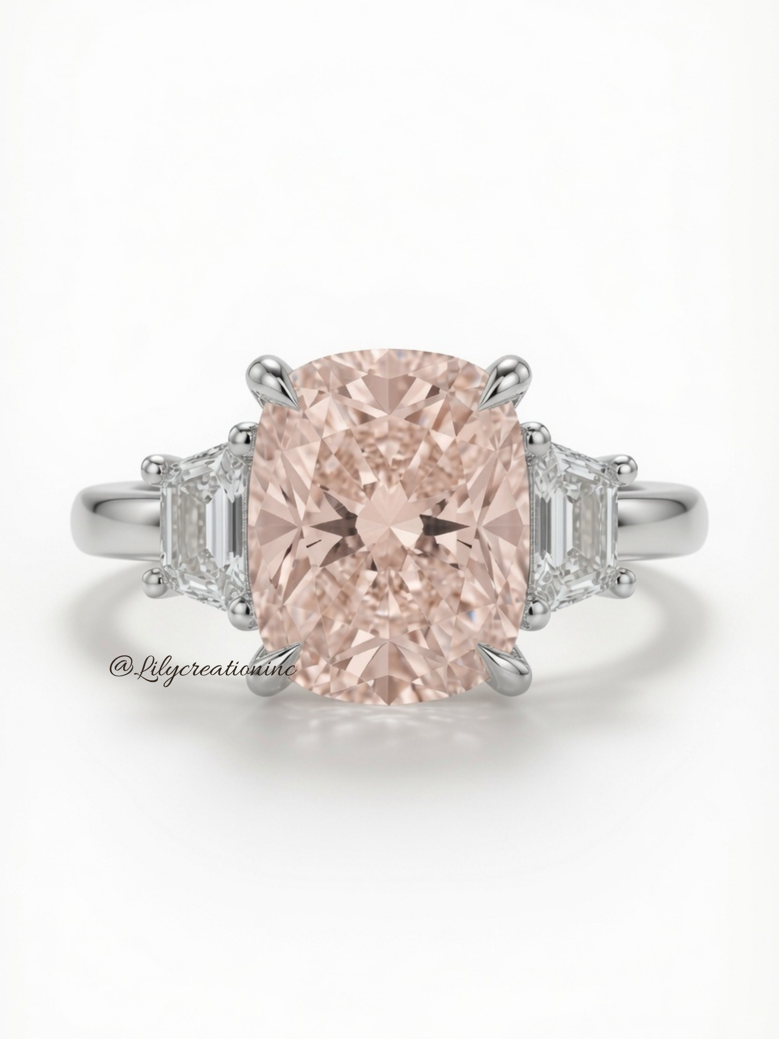 Pink Cushion Cut Diamond Engagement Ring with Trapezoid Side Stones