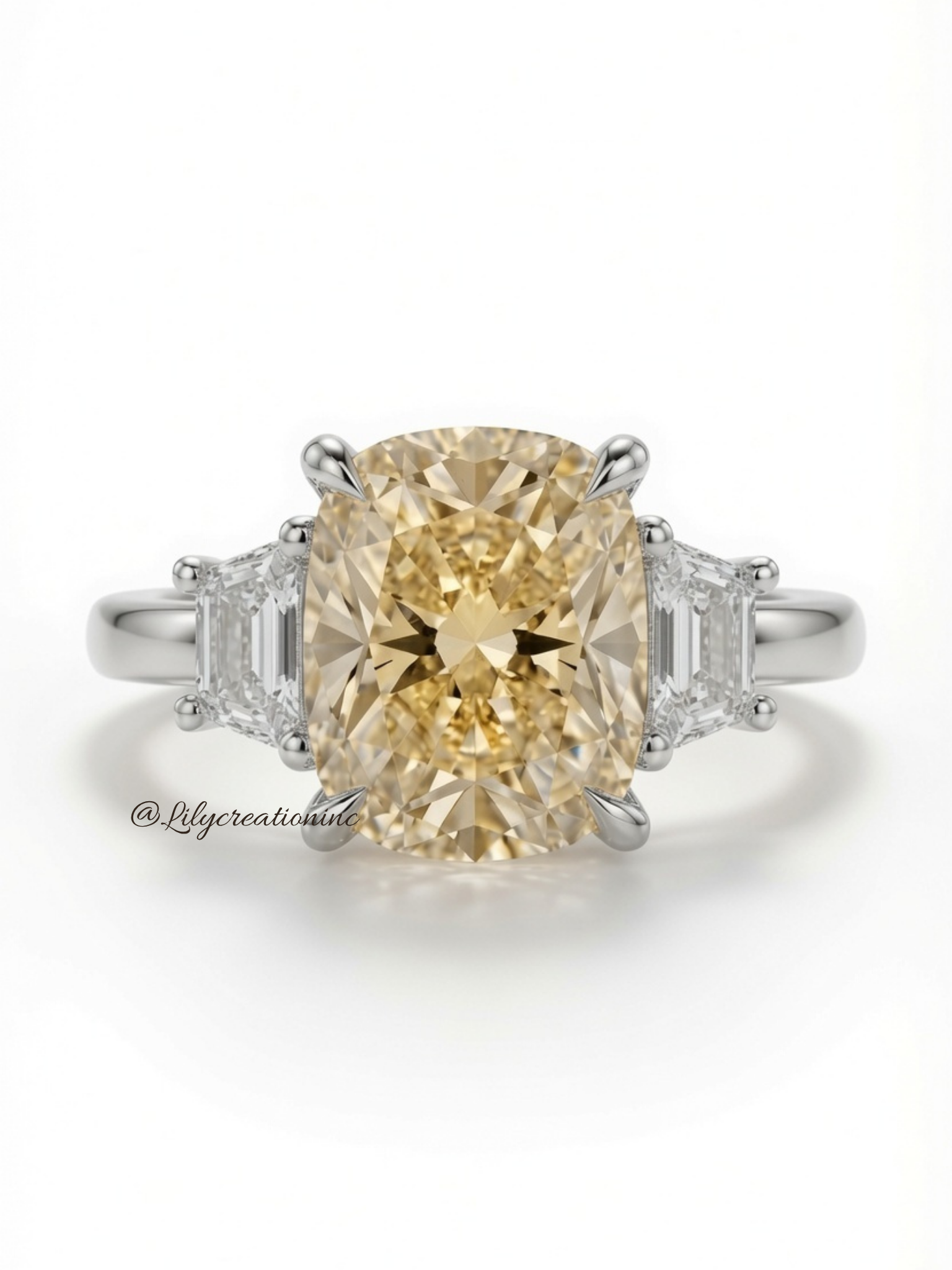 Yellow Cushion Cut Diamond Engagement Ring with Trapezoid Side Stones
