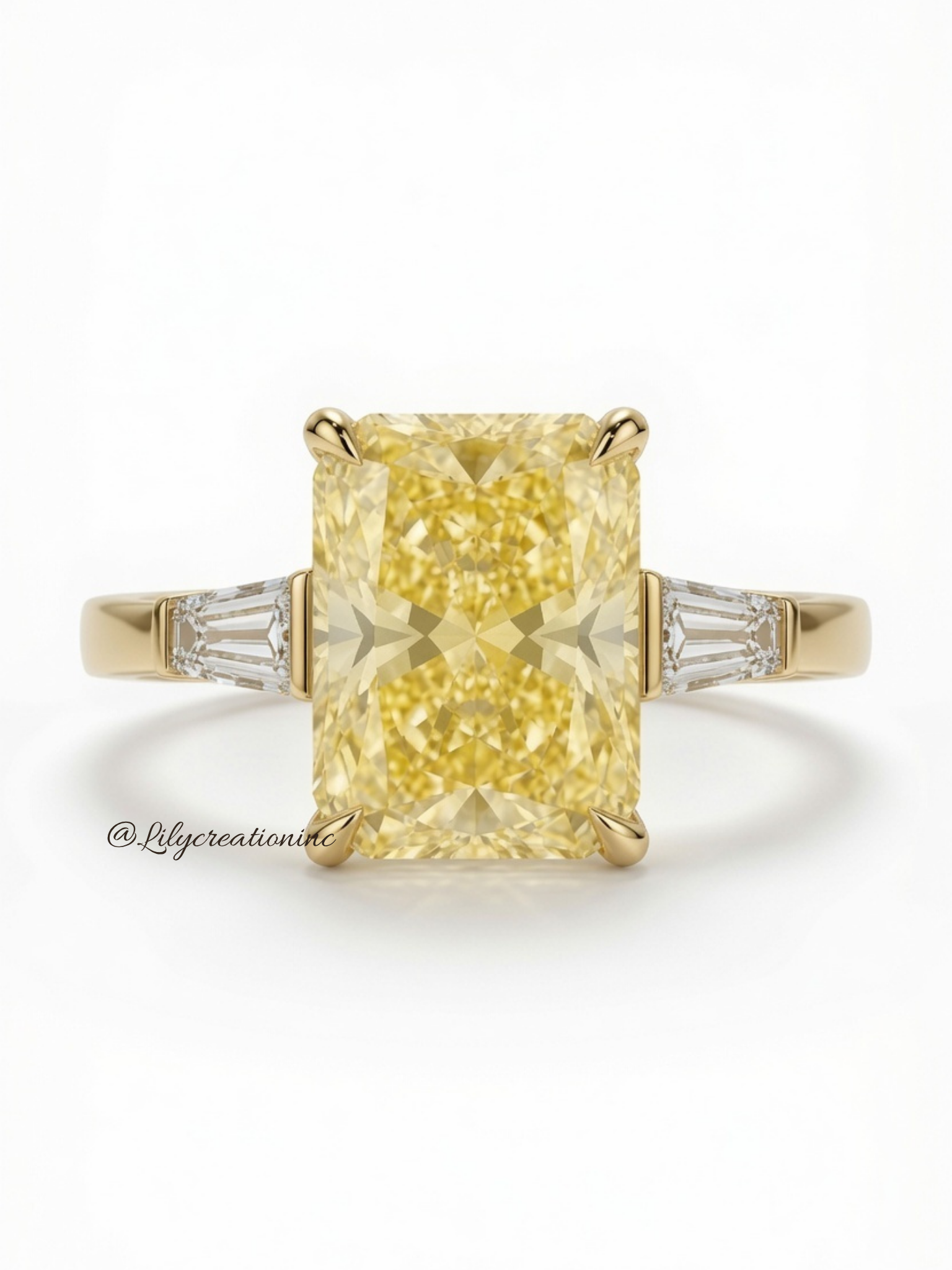 Yellow Radiant Cut Diamond Engagement Ring with Trapezoid Side Stones