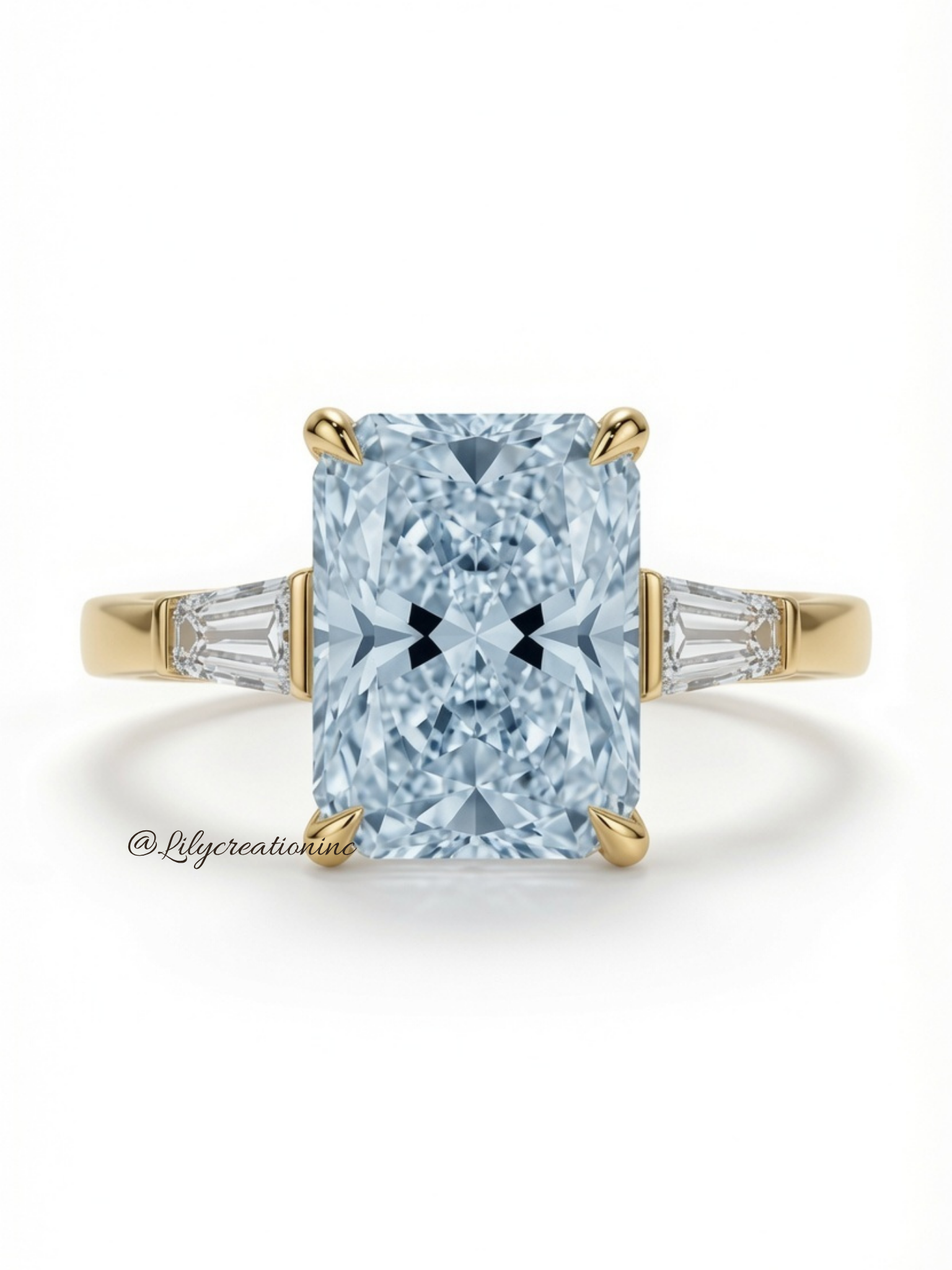 Blue Radiant Cut Diamond Engagement Ring with Trapezoid Side Stones