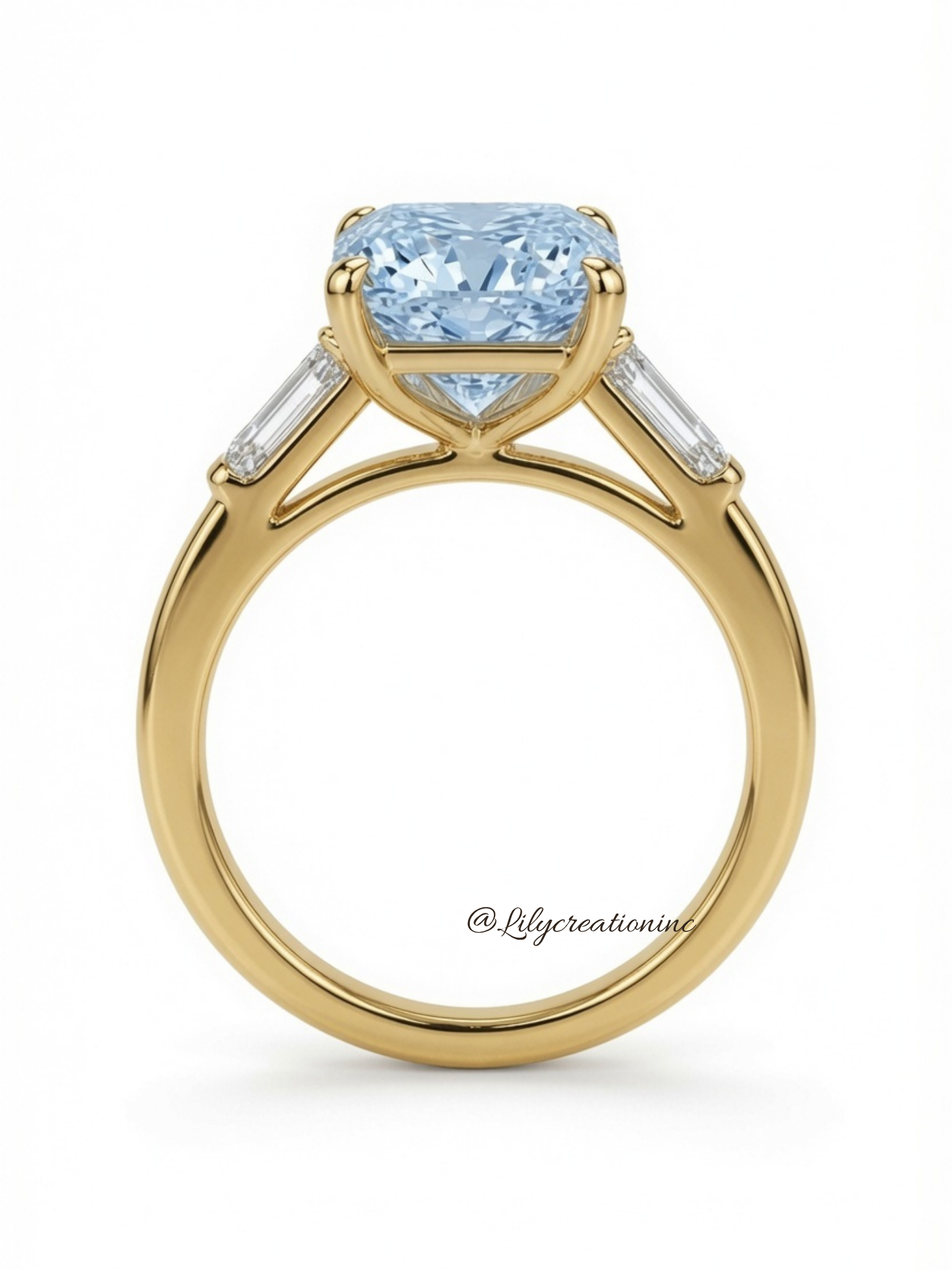 Blue Radiant Cut Diamond Engagement Ring with Trapezoid Side Stones