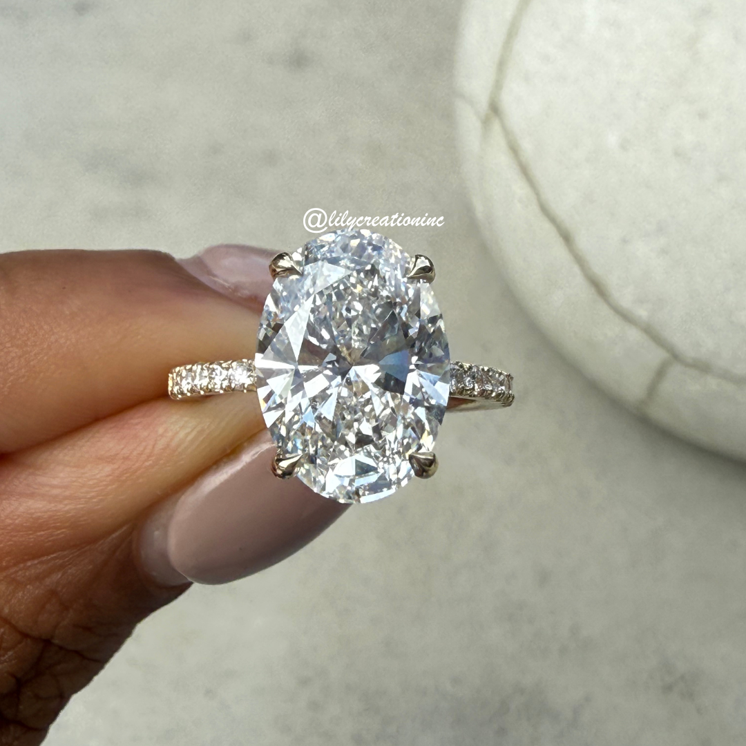 Oval Diamond Engagement Ring With 1/2 Coverage Side Stones & Hidden Halo