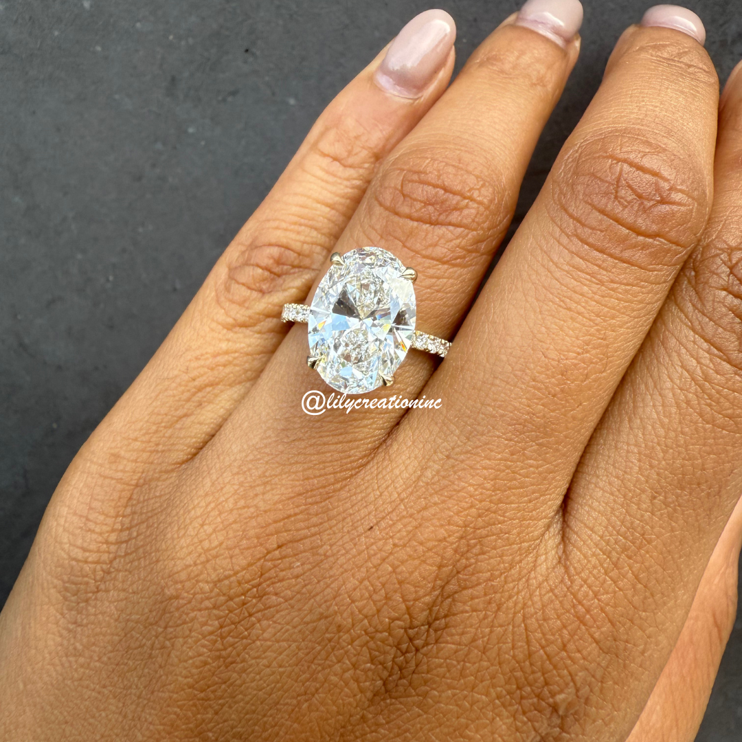 Oval Diamond Engagement Ring With 1/2 Coverage Side Stones & Hidden Halo