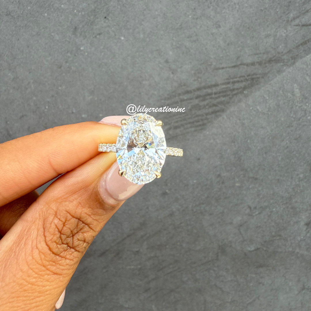 Oval Diamond Engagement Ring With 1/2 Coverage Side Stones & Hidden Halo