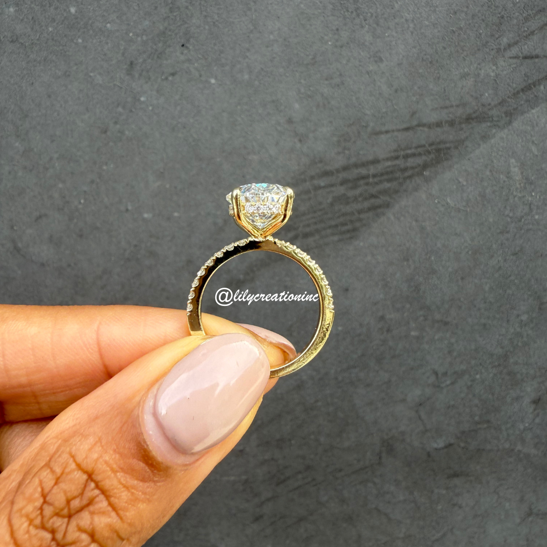 Oval Diamond Engagement Ring With 1/2 Coverage Side Stones & Hidden Halo