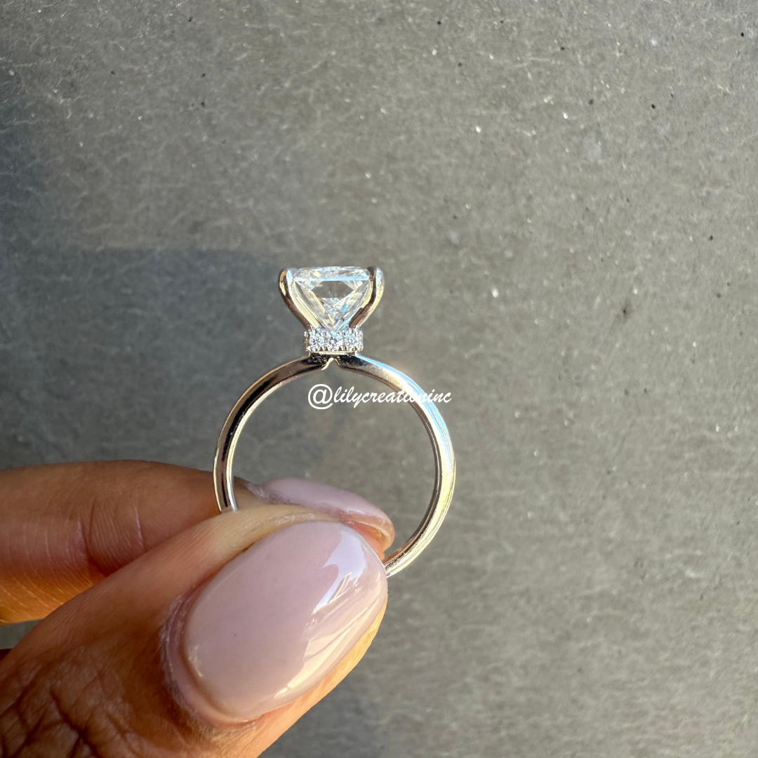 Radiant Cut Solitaire Diamond Engagement Ring With Hidden Halo