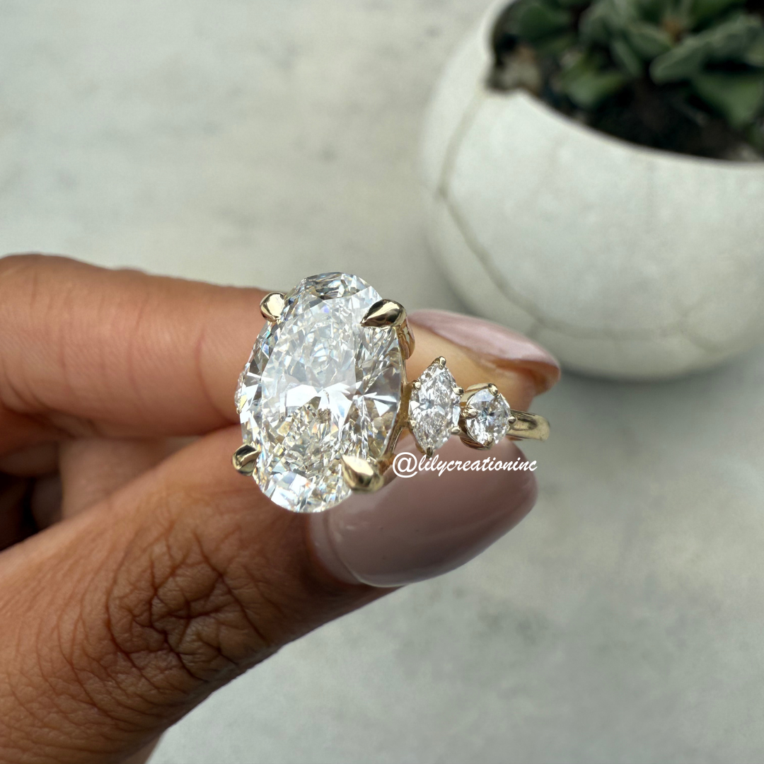 Oval Diamond Engagement Ring With Marquee & Round Side Stones
