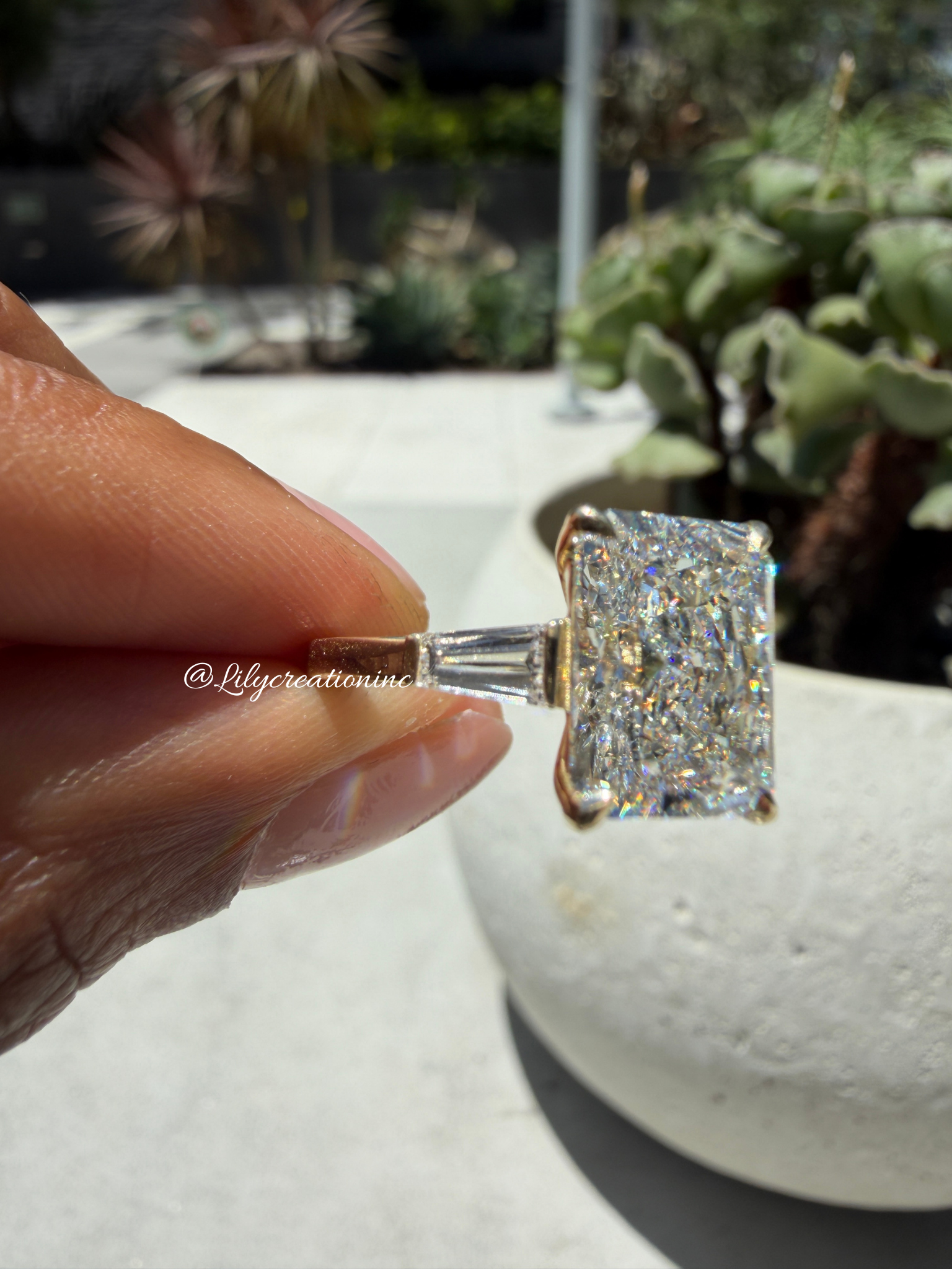 Radiant Cut Lab Grown Diamond Engagement Ring with Taper Baguettes Side Stones