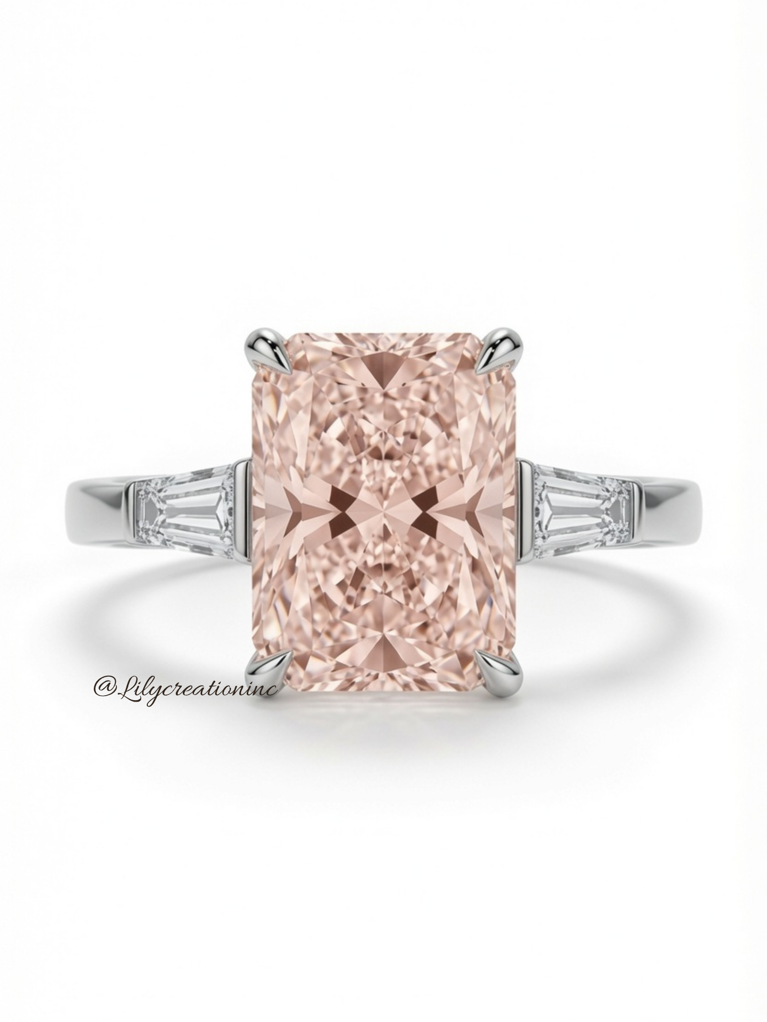 Pink Radiant Cut Diamond Engagement Ring with Trapezoid Side Stones