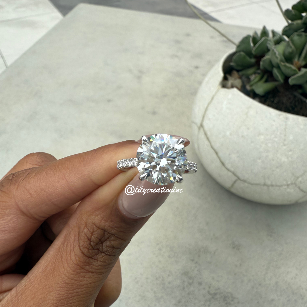 Round Diamond Engagement Ring With 1/2 Coverage Side Stones & Hidden Halo