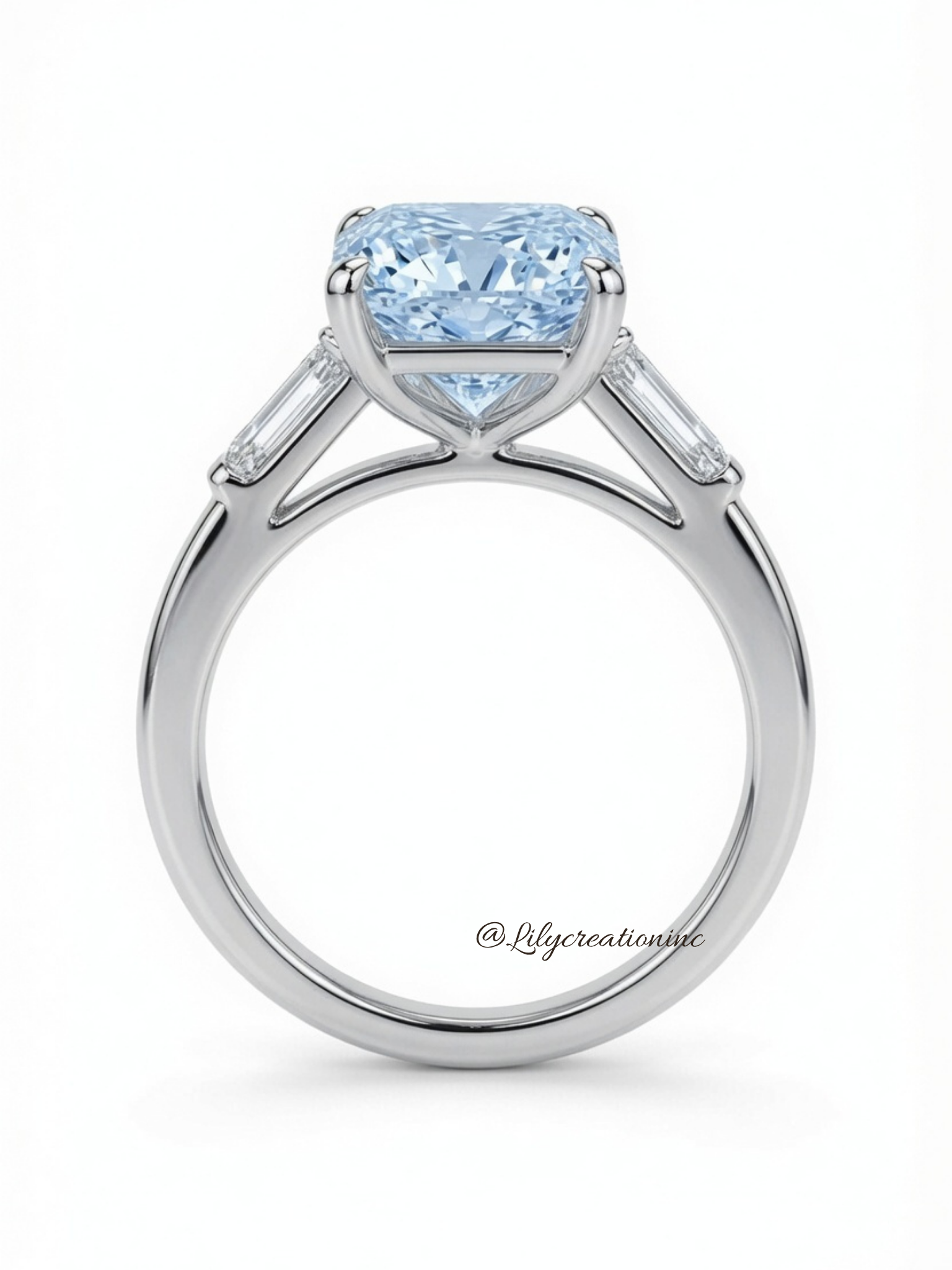 Blue Radiant Cut Diamond Engagement Ring with Trapezoid Side Stones